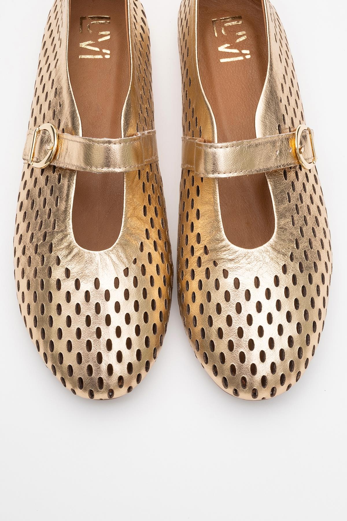 Arian Gold Leather Ballet Flat – side view showing leather, gold, red, Vowalisse