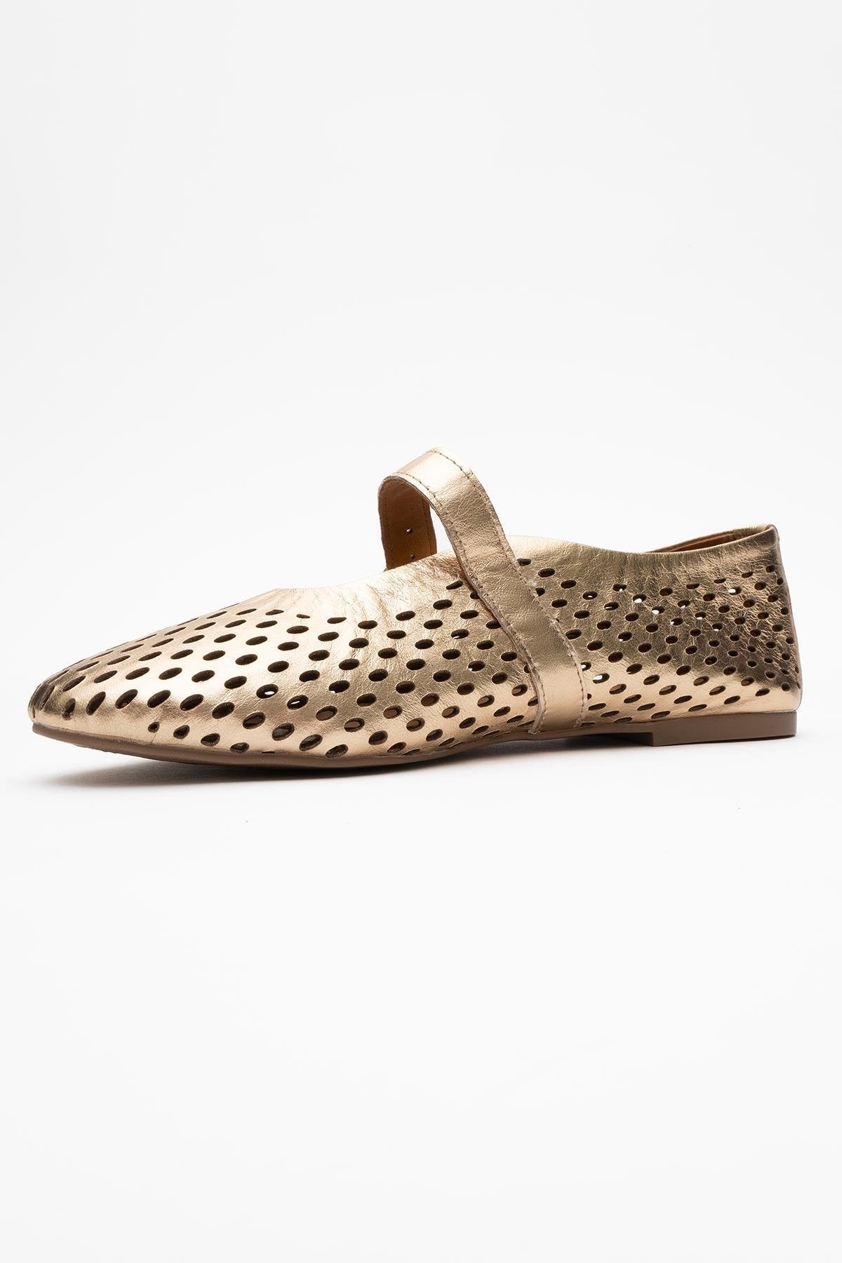 Arian Gold Leather Ballet Flat – heel view showing leather, gold, red, Vowalisse