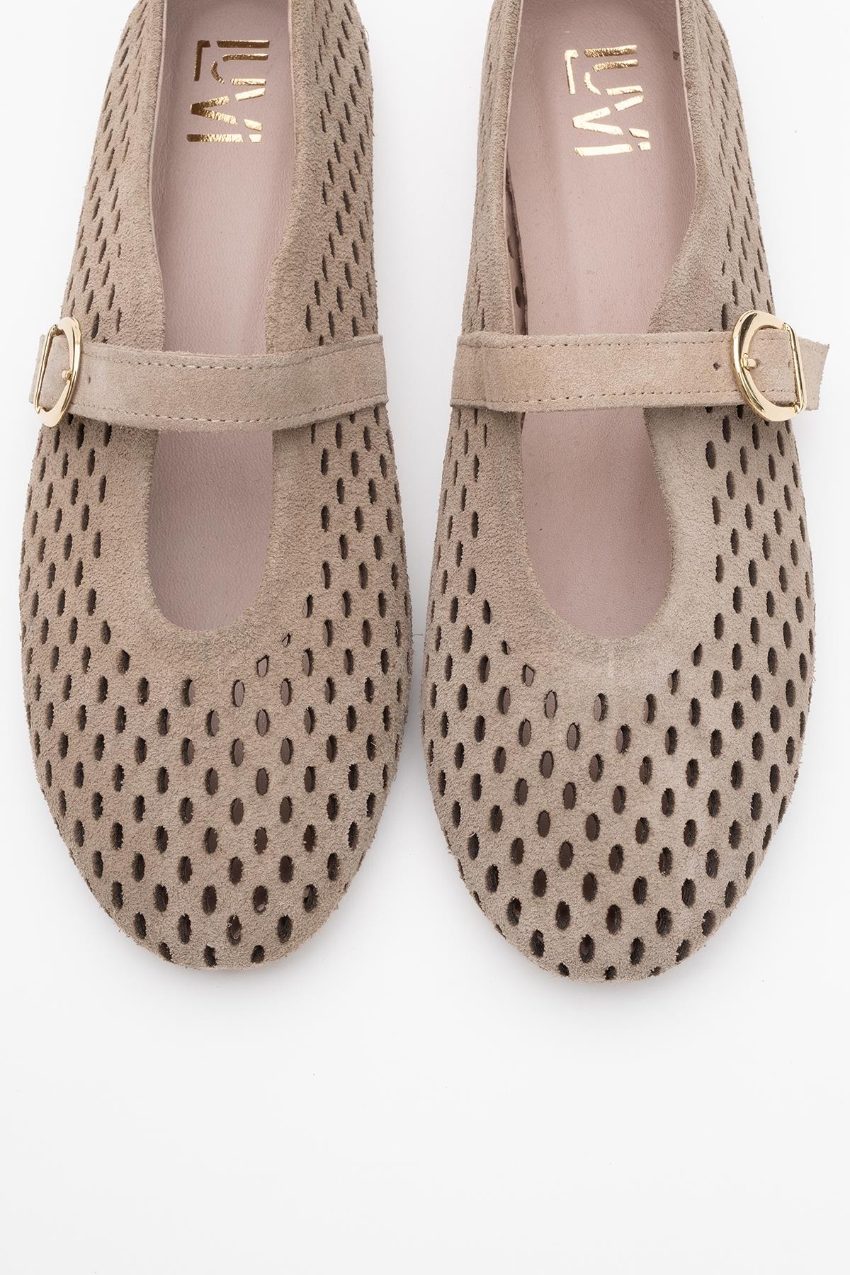 Arian Beige Suede Leather Ballet Flat – side view showing leather, suede, red, Vowalisse