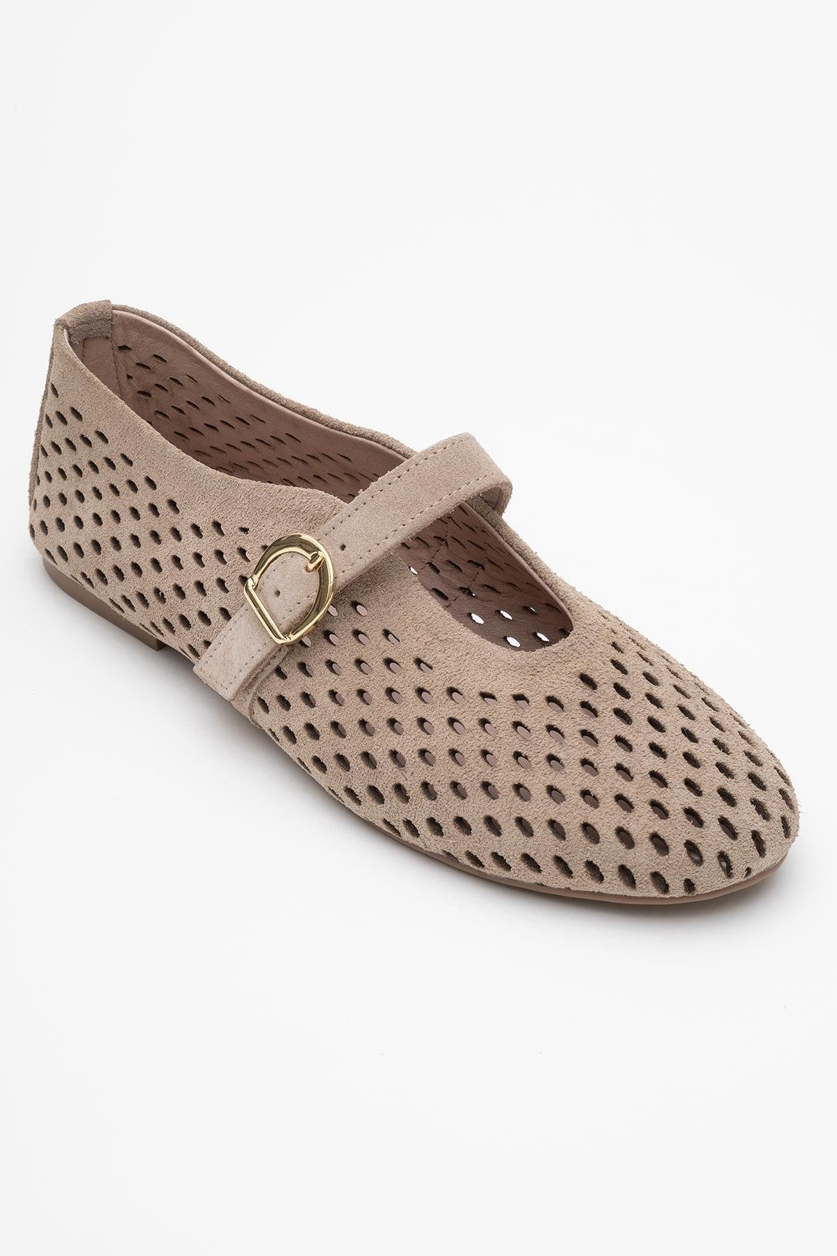 Arian Beige Suede Leather Ballet Flat – detail view showing leather, suede, red, Vowalisse
