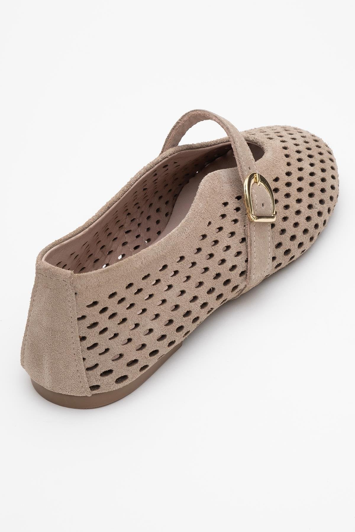 Arian Beige Suede Leather Ballet Flat – back view showing leather, suede, red, Vowalisse