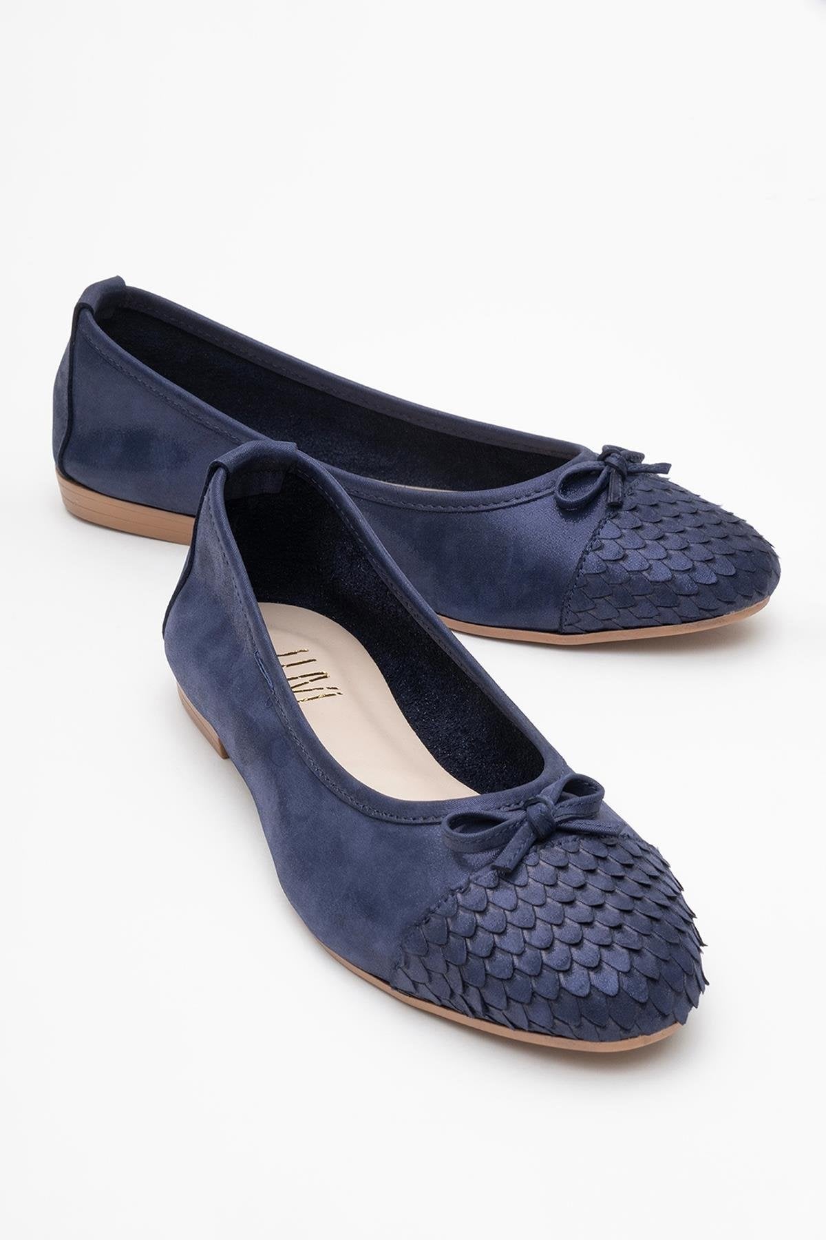 02 - Navy Glitter Genuine Leather Ballet Flat – front three-quarter view showing leather, glitter, Vowalisse