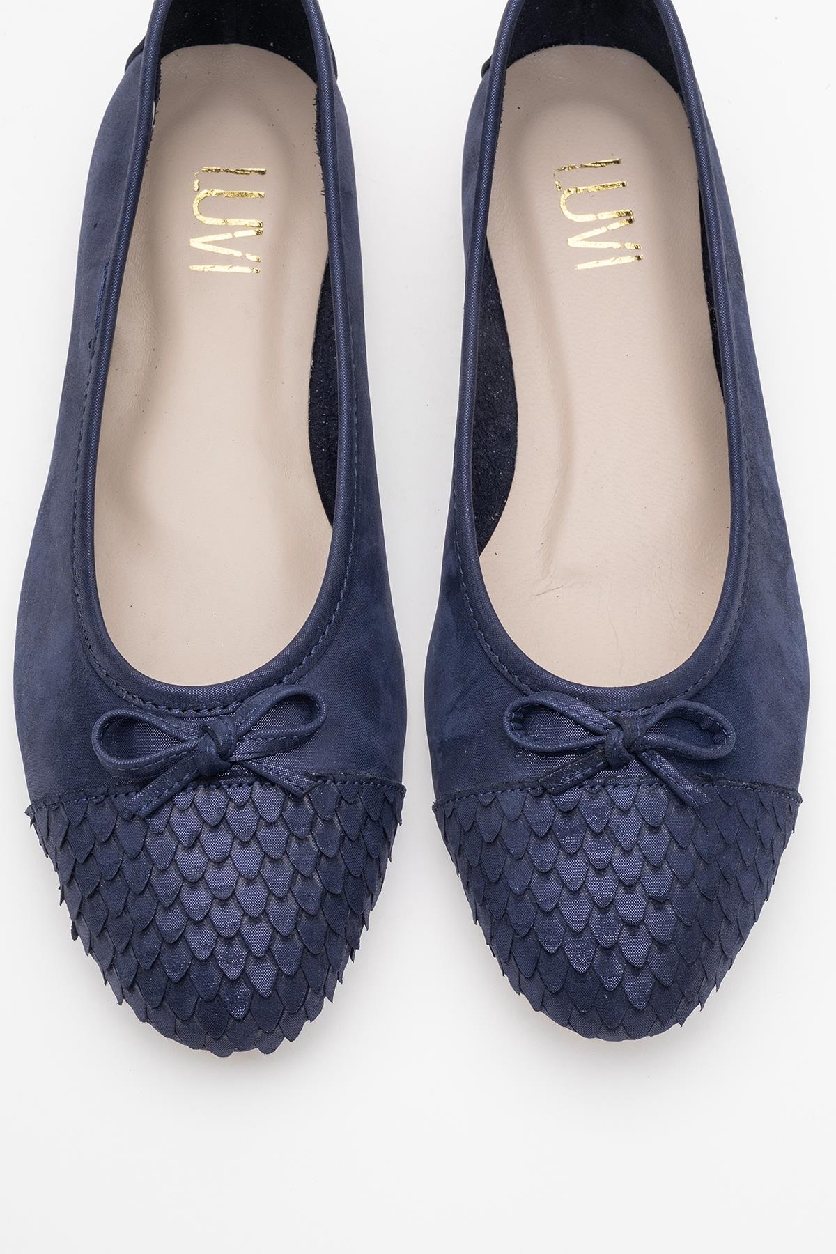 02 - Navy Glitter Genuine Leather Ballet Flat – side view showing leather, glitter, Vowalisse
