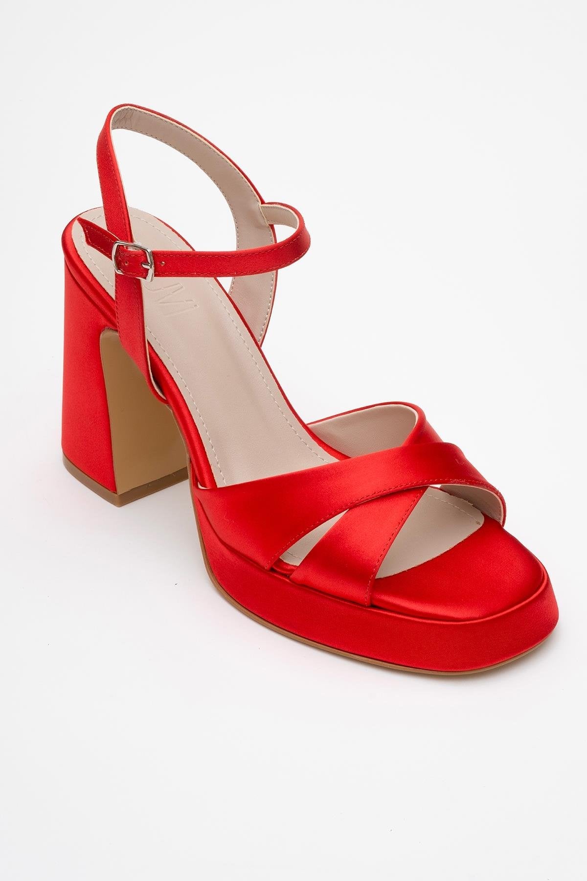 Lello - Red Satin Platform Heel Shoe – detail view showing satin, leather, red, Vowalisse