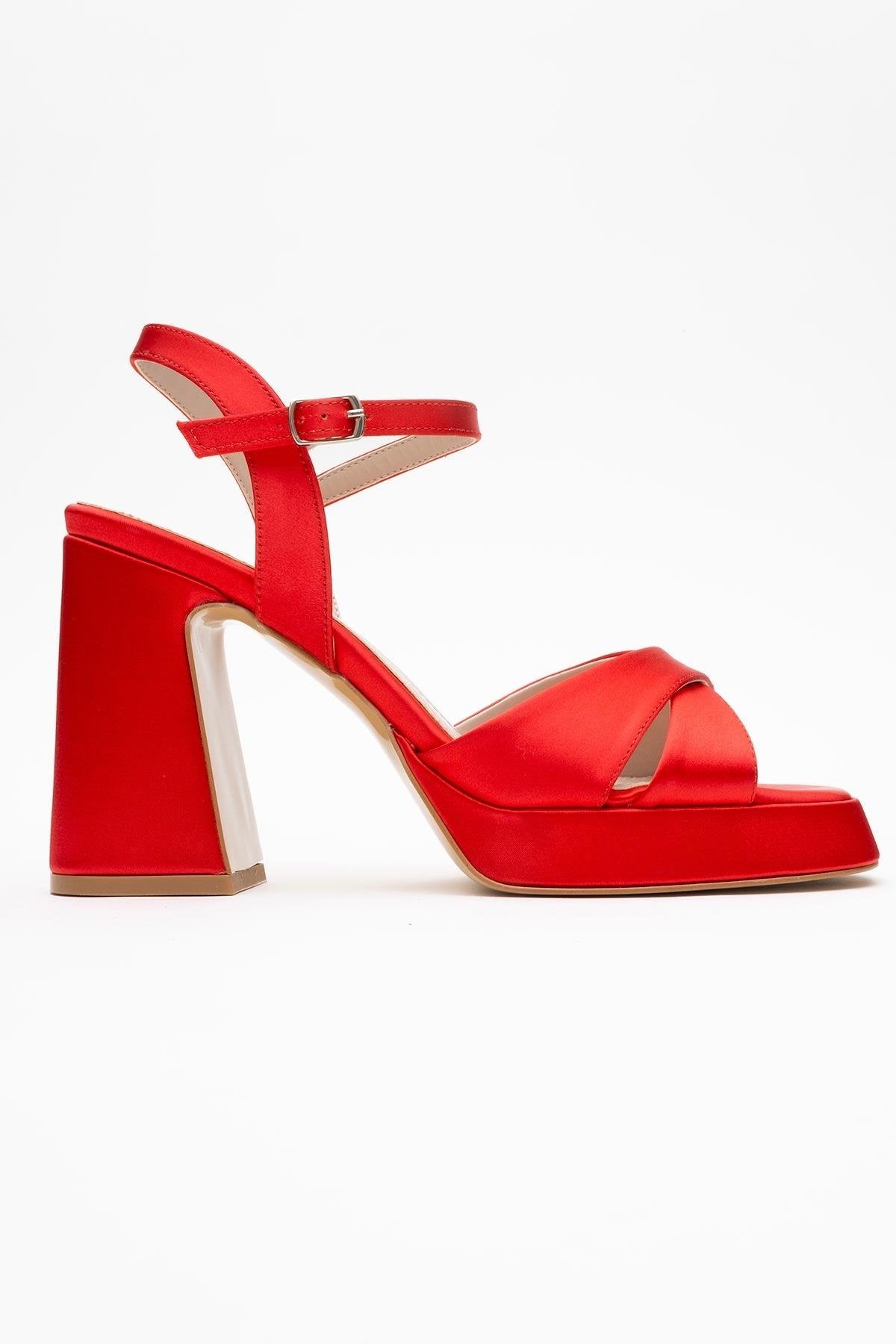 Lello - Red Satin Platform Heel Shoe – top view showing satin, leather, red, Vowalisse