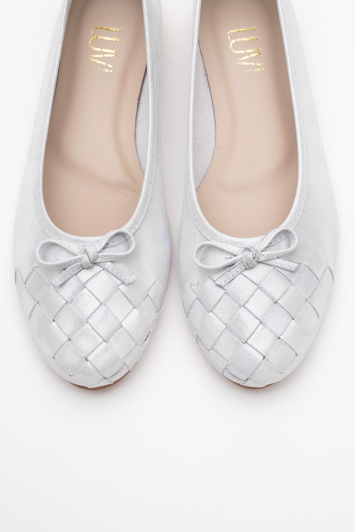 03 - White Glitter Genuine Leather Ballet Flat – side view showing leather, glitter, white, Vowalisse