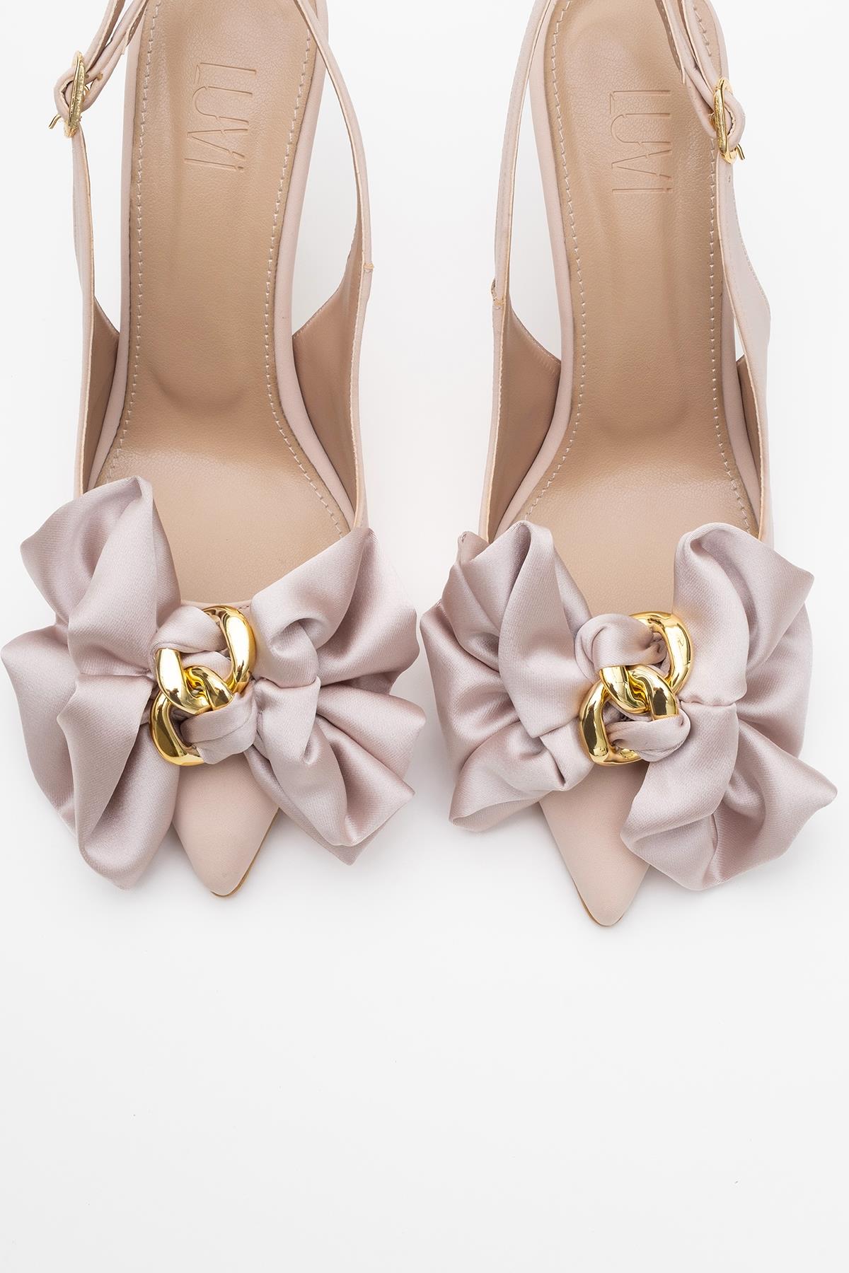 Noria - Beige Satin Floral Stiletto – side view showing satin, leather, Vowalisse