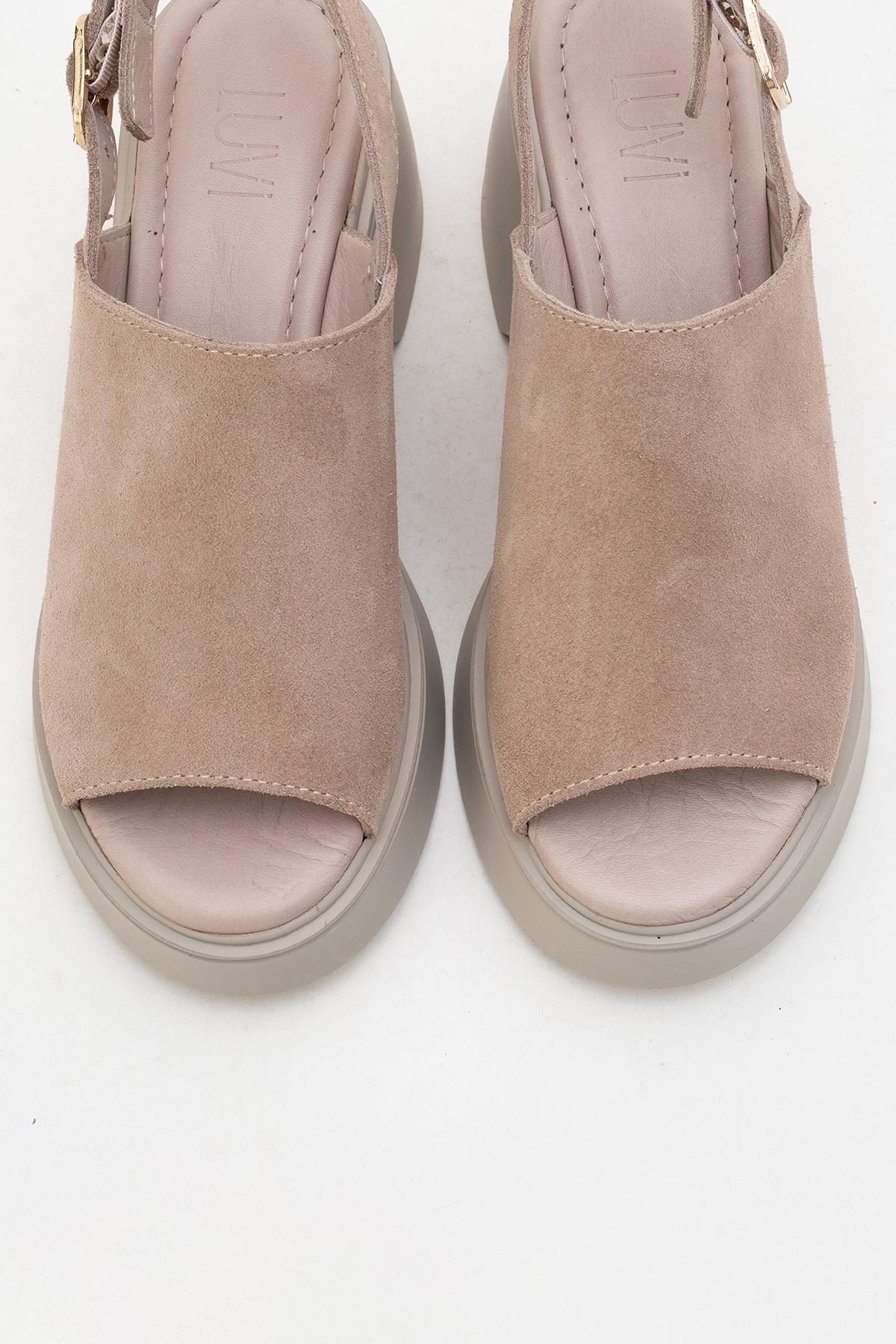 Power - Dark Beige Suede Leather Platform Wedges – side view showing leather, suede, Vowalisse
