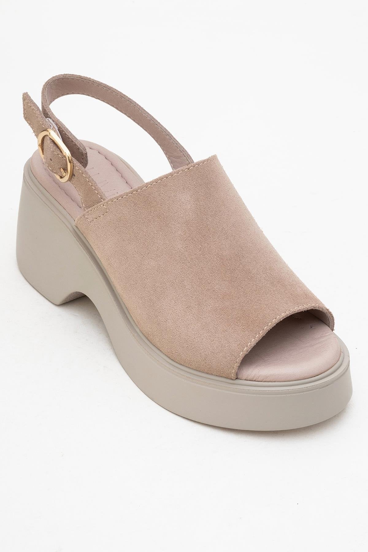 Power - Dark Beige Suede Leather Platform Wedges – detail view showing leather, suede, Vowalisse
