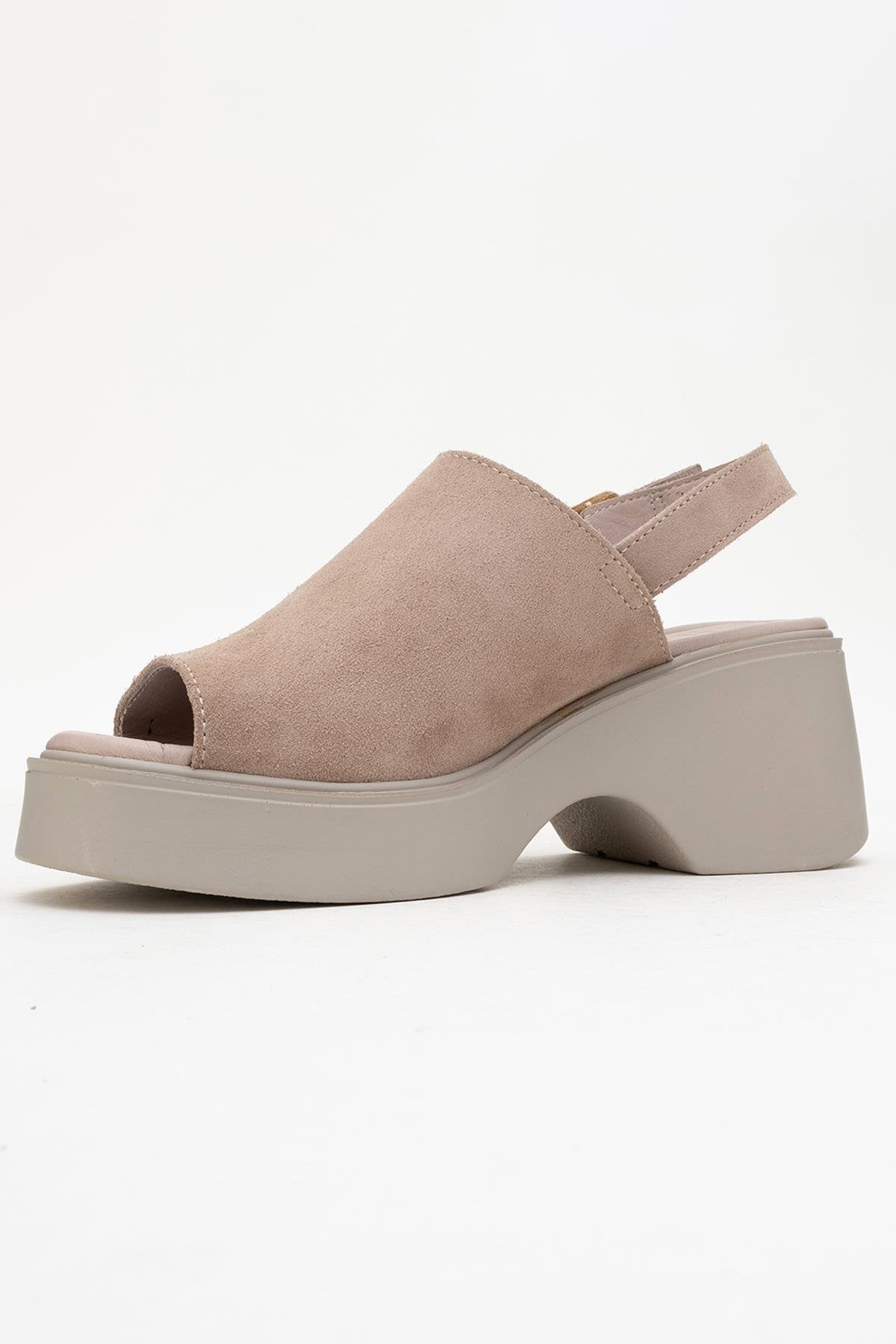 Power - Dark Beige Suede Leather Platform Wedges – heel view showing leather, suede, Vowalisse