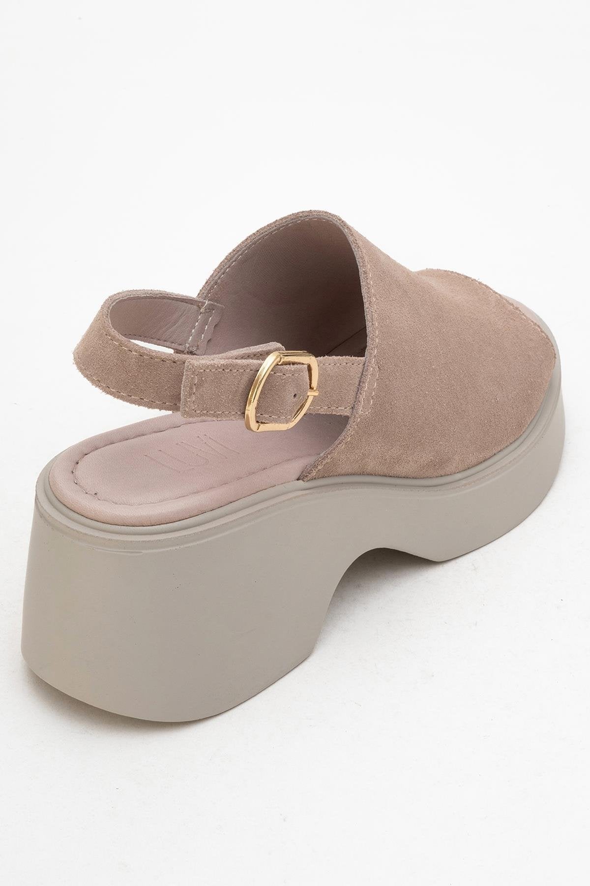 Power - Dark Beige Suede Leather Platform Wedges – back view showing leather, suede, Vowalisse
