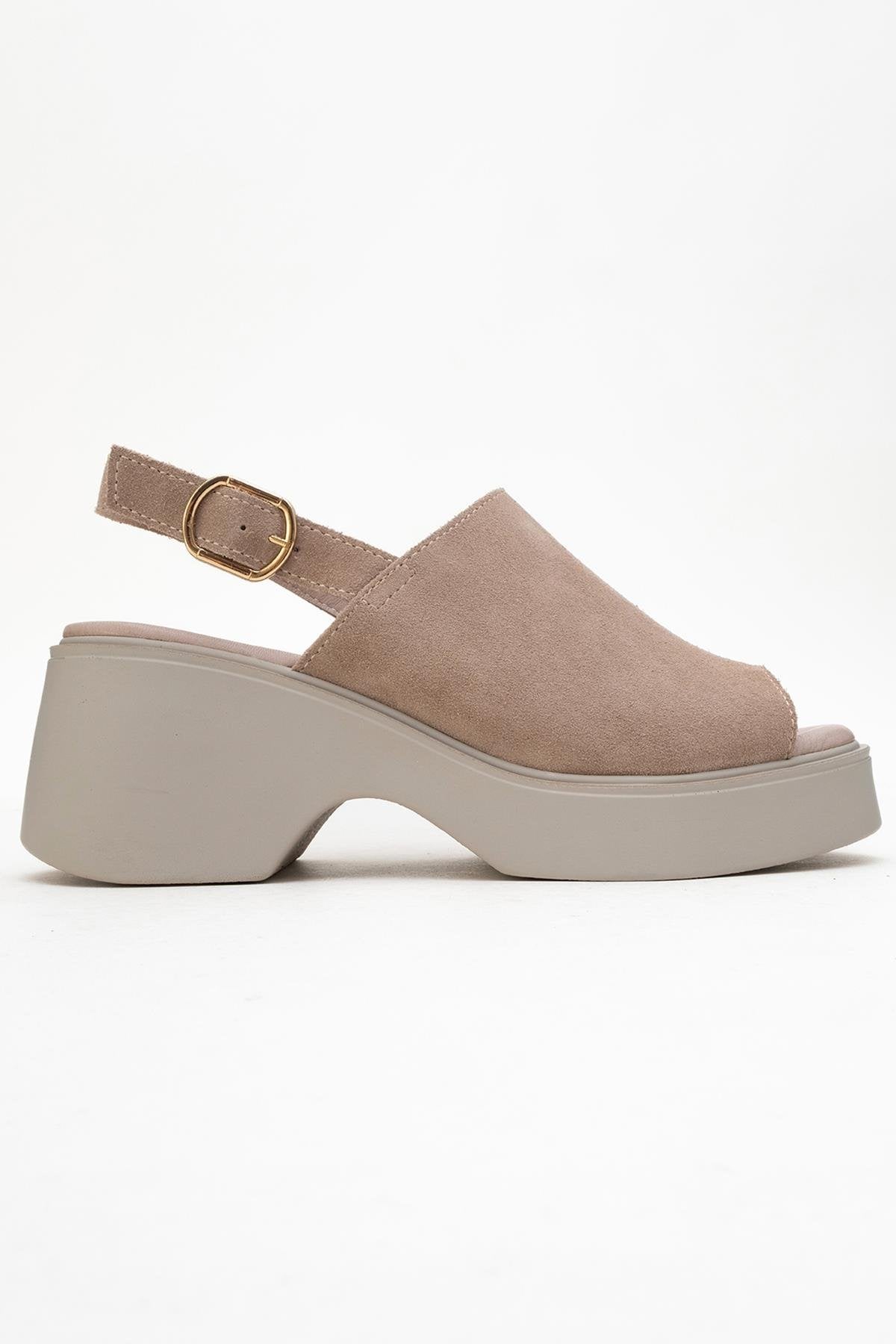 Power - Dark Beige Suede Leather Platform Wedges – top view showing leather, suede, Vowalisse