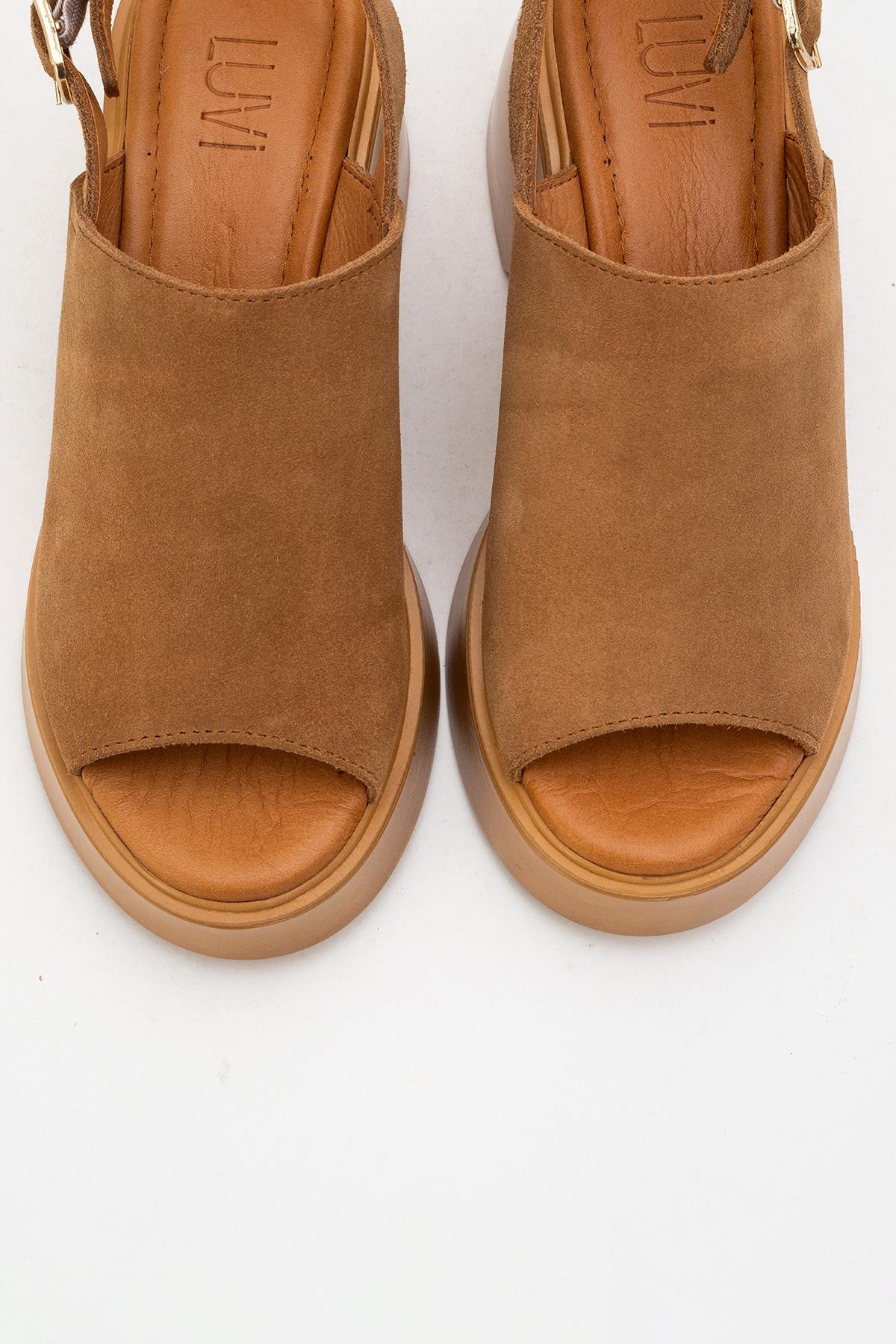 Power - Cognac Suede Leather Platform Wedges – side view showing leather, suede, Vowalisse