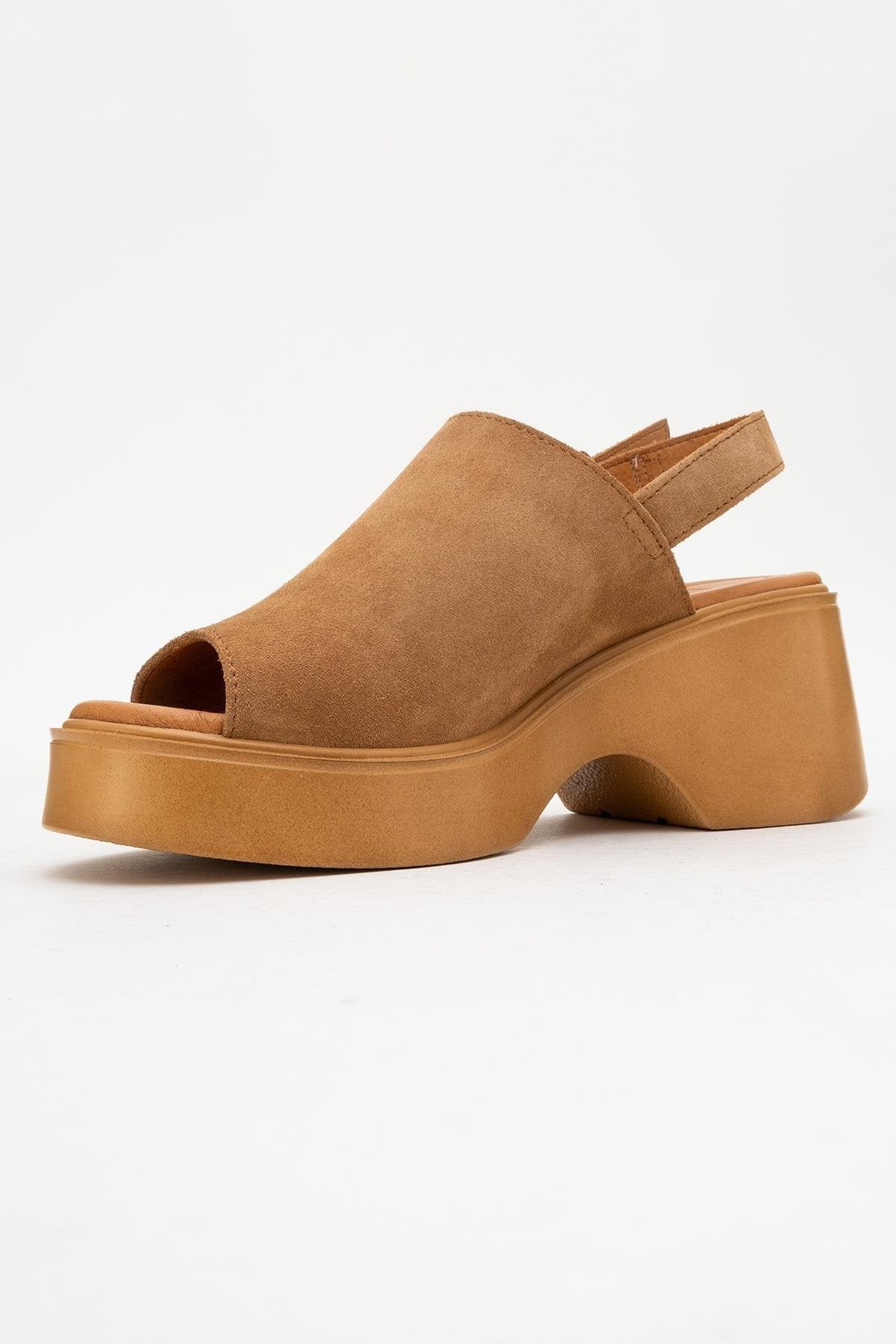 Power - Cognac Suede Leather Platform Wedges – heel view showing leather, suede, Vowalisse
