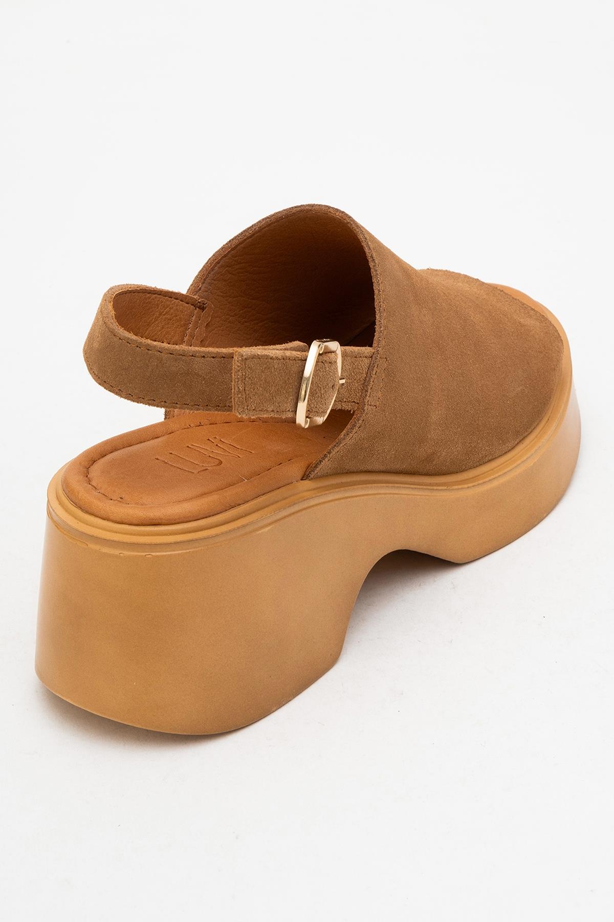 Power - Cognac Suede Leather Platform Wedges – back view showing leather, suede, Vowalisse