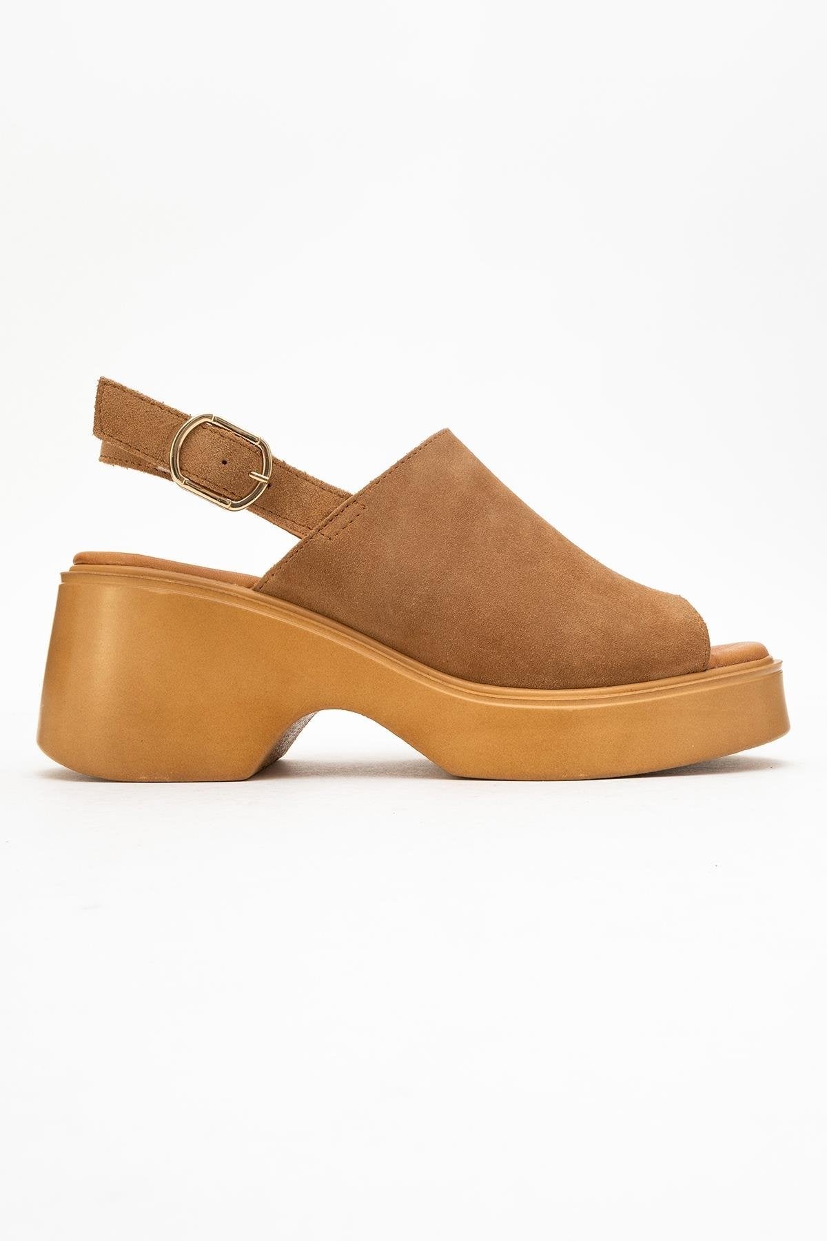 Power - Cognac Suede Leather Platform Wedges – top view showing leather, suede, Vowalisse