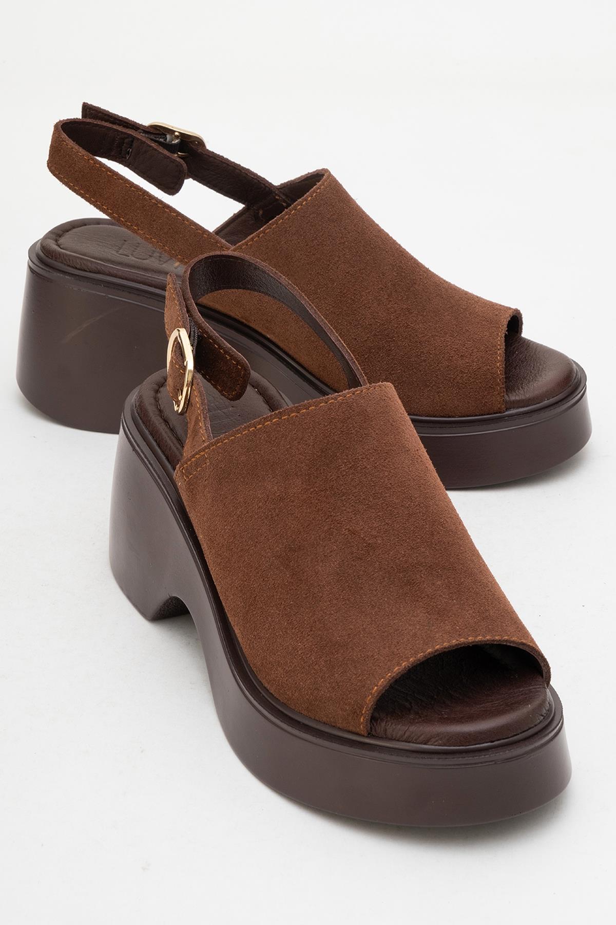 Power - Brown Suede Leather Platform Wedges – front three-quarter view showing leather, suede, Vowalisse