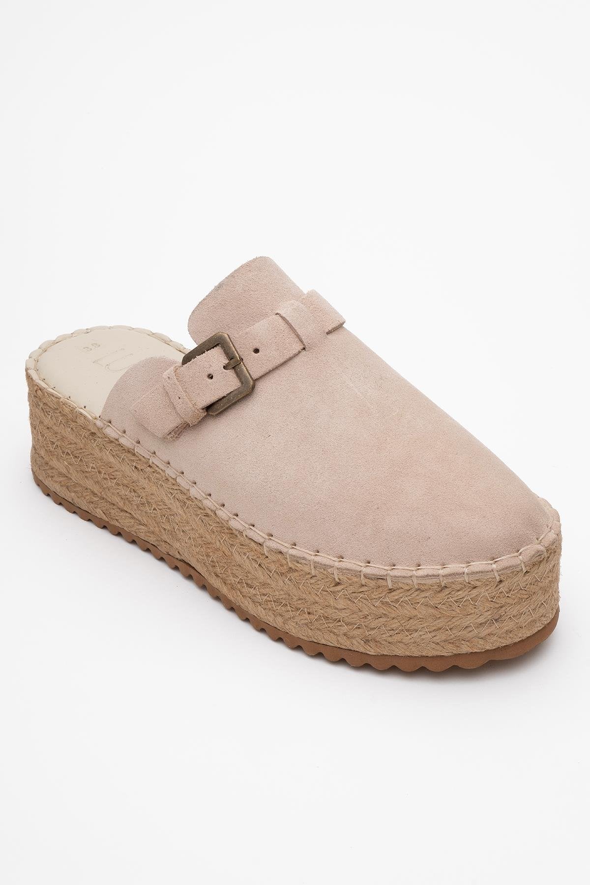 Novas - Beige Suede Leather Platform Espadrille Mule – detail view showing leather, suede, red, Vowalisse