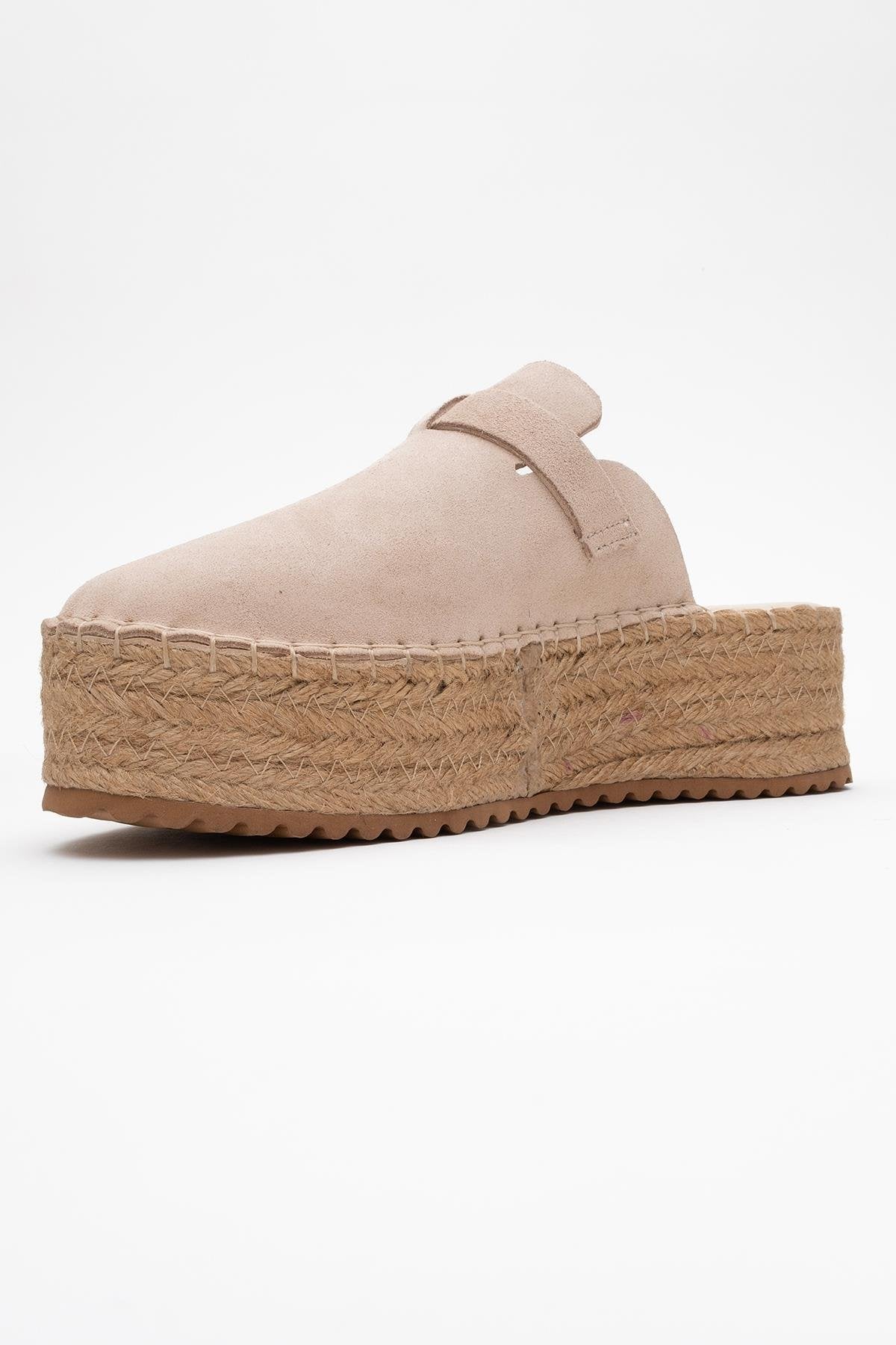 Novas - Beige Suede Leather Platform Espadrille Mule – heel view showing leather, suede, red, Vowalisse