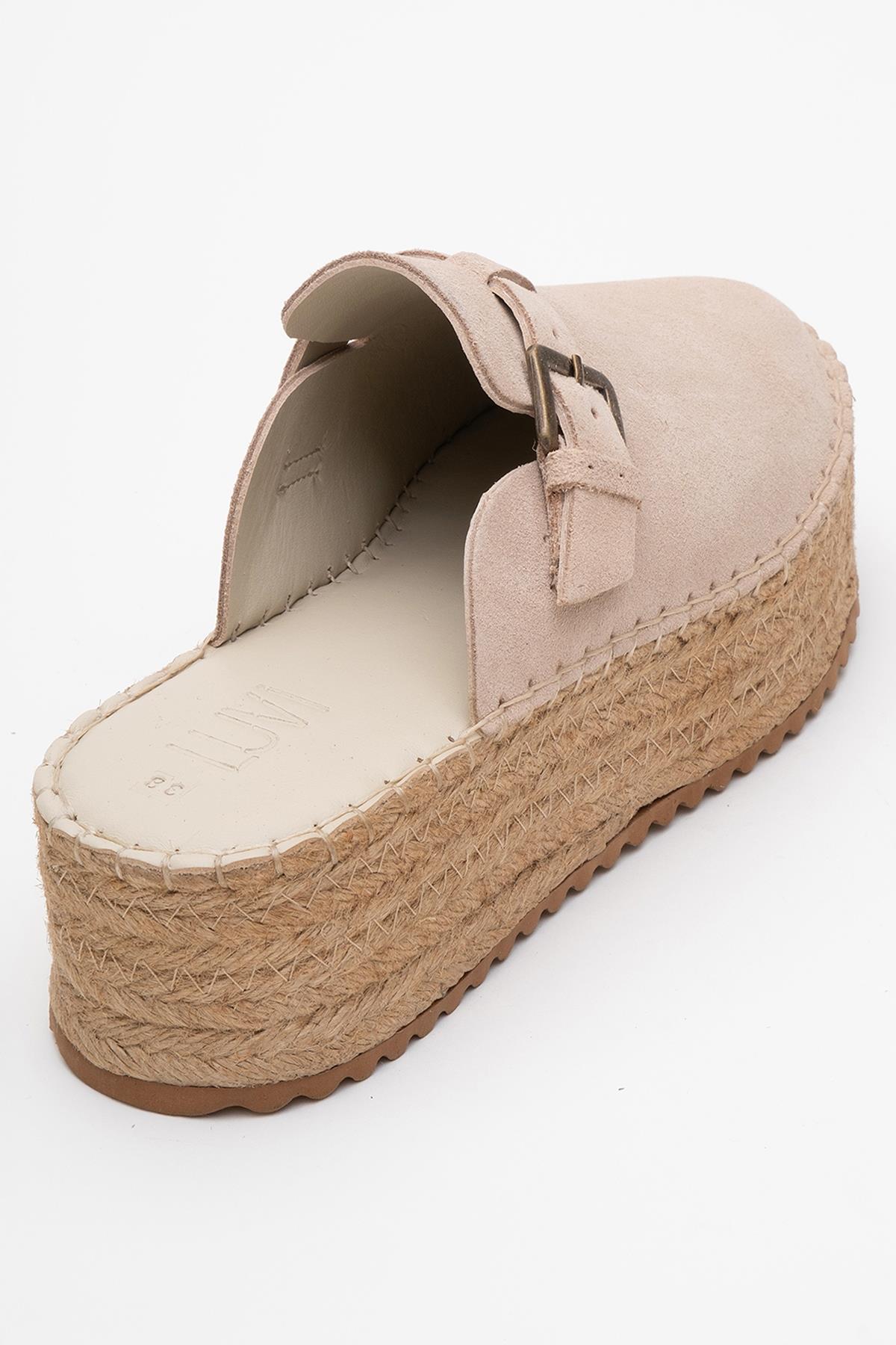 Novas - Beige Suede Leather Platform Espadrille Mule – back view showing leather, suede, red, Vowalisse