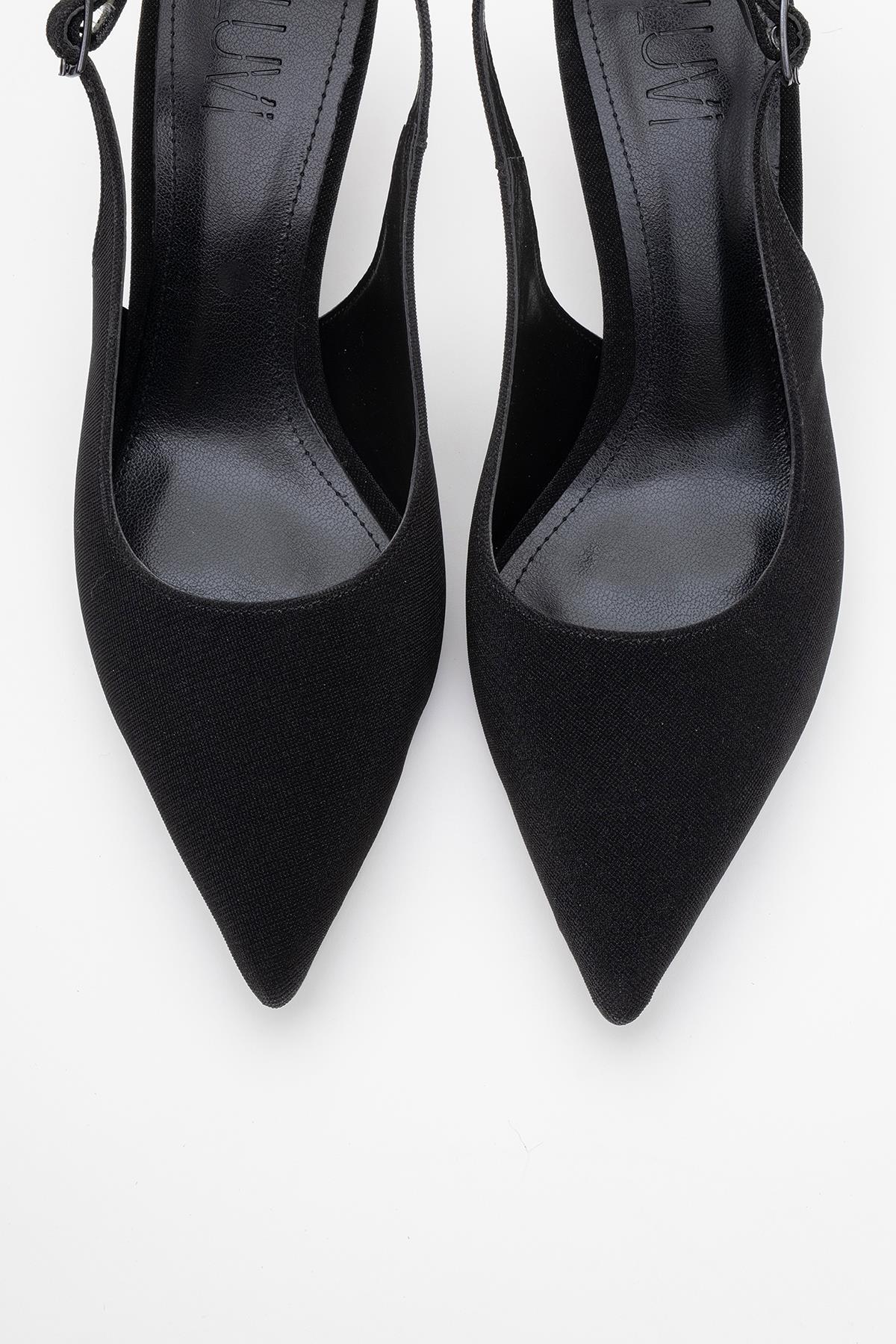 Caisa - Black Glitter Slingback Pointed Toe Pump – side view showing leather, glitter, black, Vowalisse