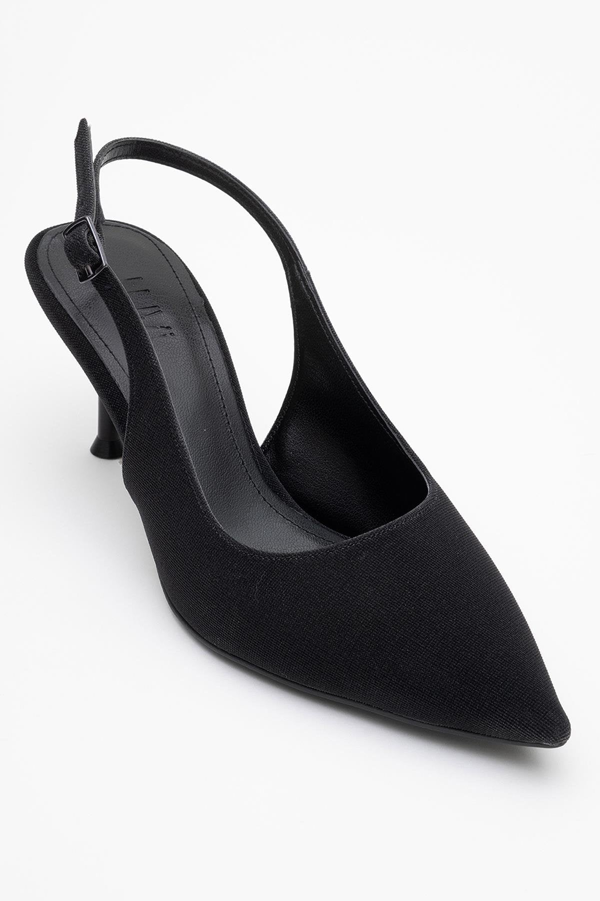 Caisa - Black Glitter Slingback Pointed Toe Pump – detail view showing leather, glitter, black, Vowalisse