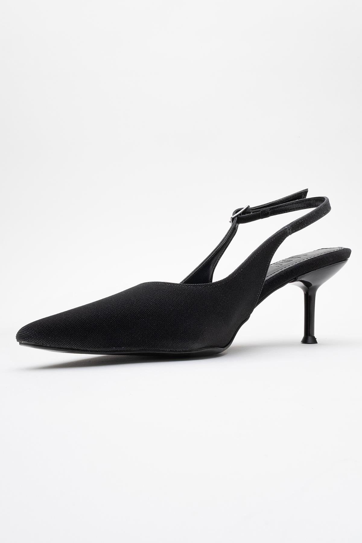 Caisa - Black Glitter Slingback Pointed Toe Pump – heel view showing leather, glitter, black, Vowalisse