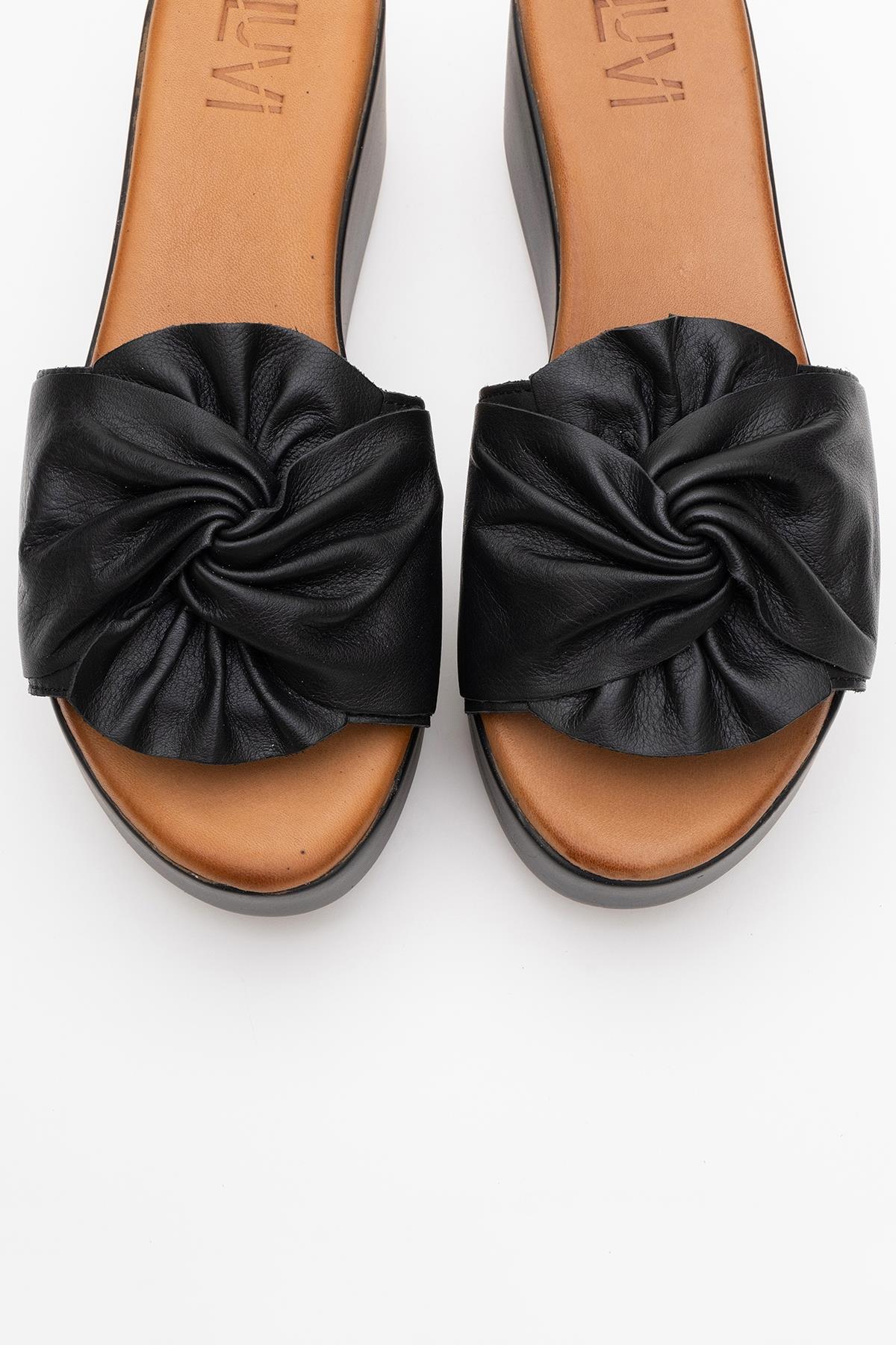 Syndra - Black Bow Wedge Leather Sandal – side view showing bow, leather, black, Vowalisse