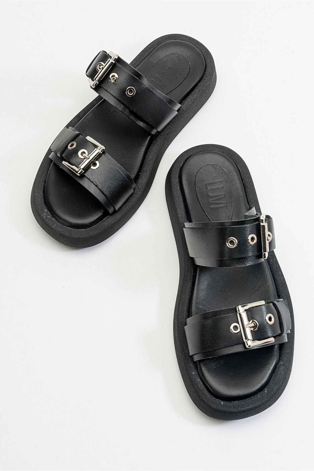 Finezza - Black Leather Two-Strap Sandal – detail view showing crystal, leather, black, Vowalisse