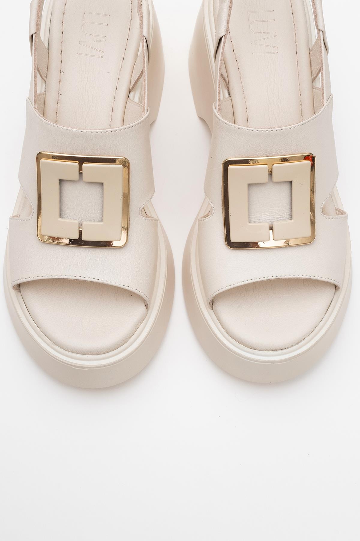 Lucia Beige Leather Buckle Platform Sandal – side view showing leather, gold, red, Vowalisse