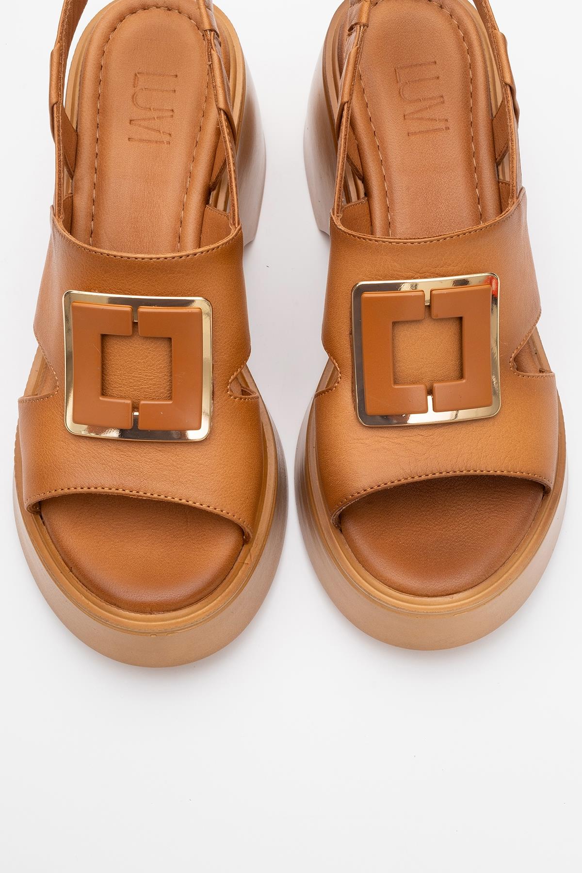 Lucia Cognac Brown Leather Buckle Platform Sandal – side view showing leather, gold, red, Vowalisse