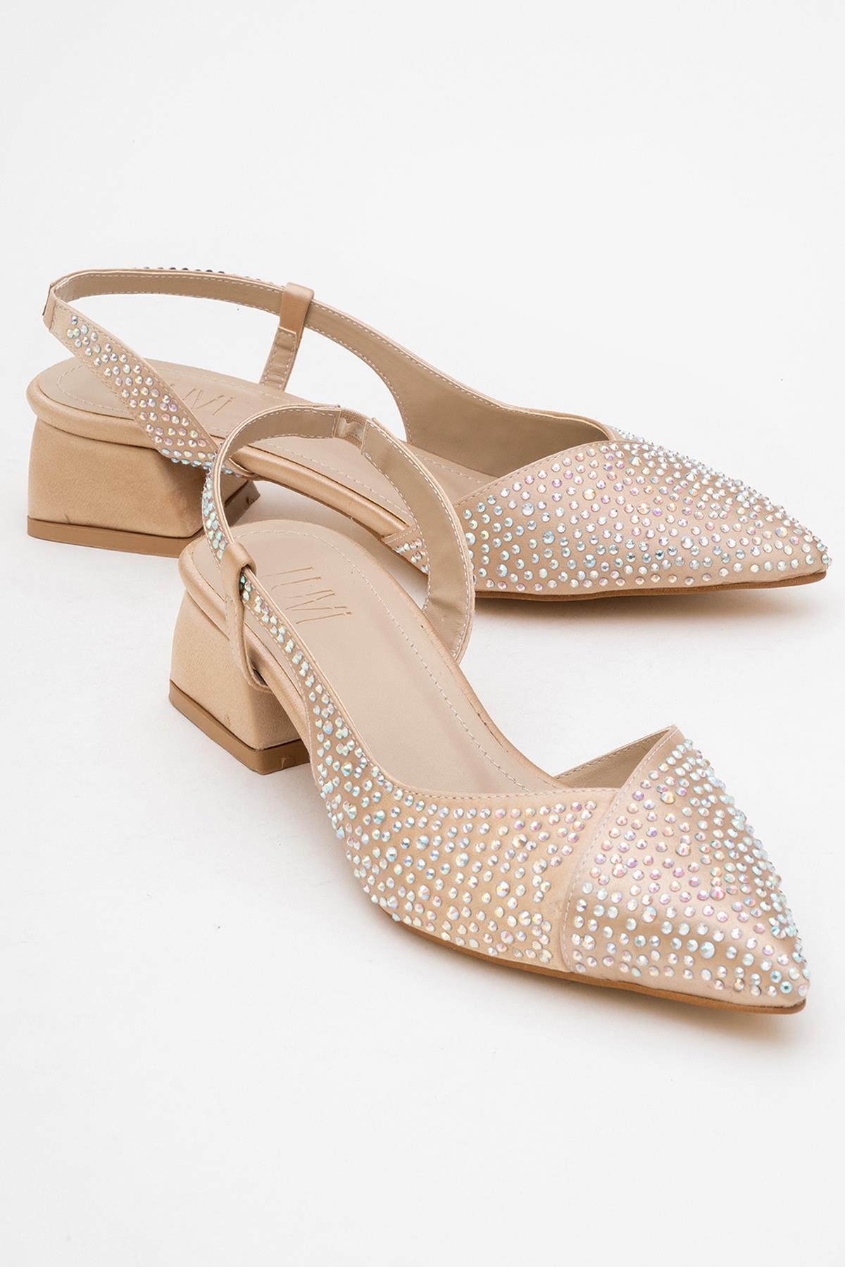 Sella - Beige Satin Jeweled Short Block Heel Shoe – front three-quarter view showing satin, leather, Vowalisse
