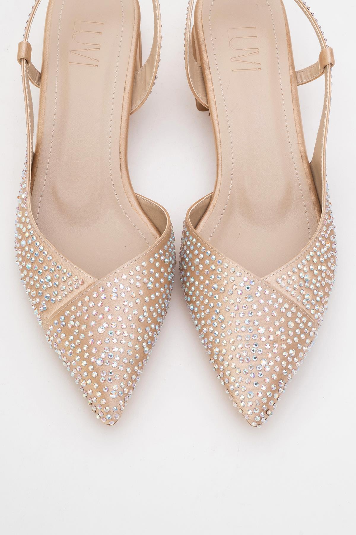 Sella - Beige Satin Jeweled Short Block Heel Shoe – side view showing satin, leather, Vowalisse