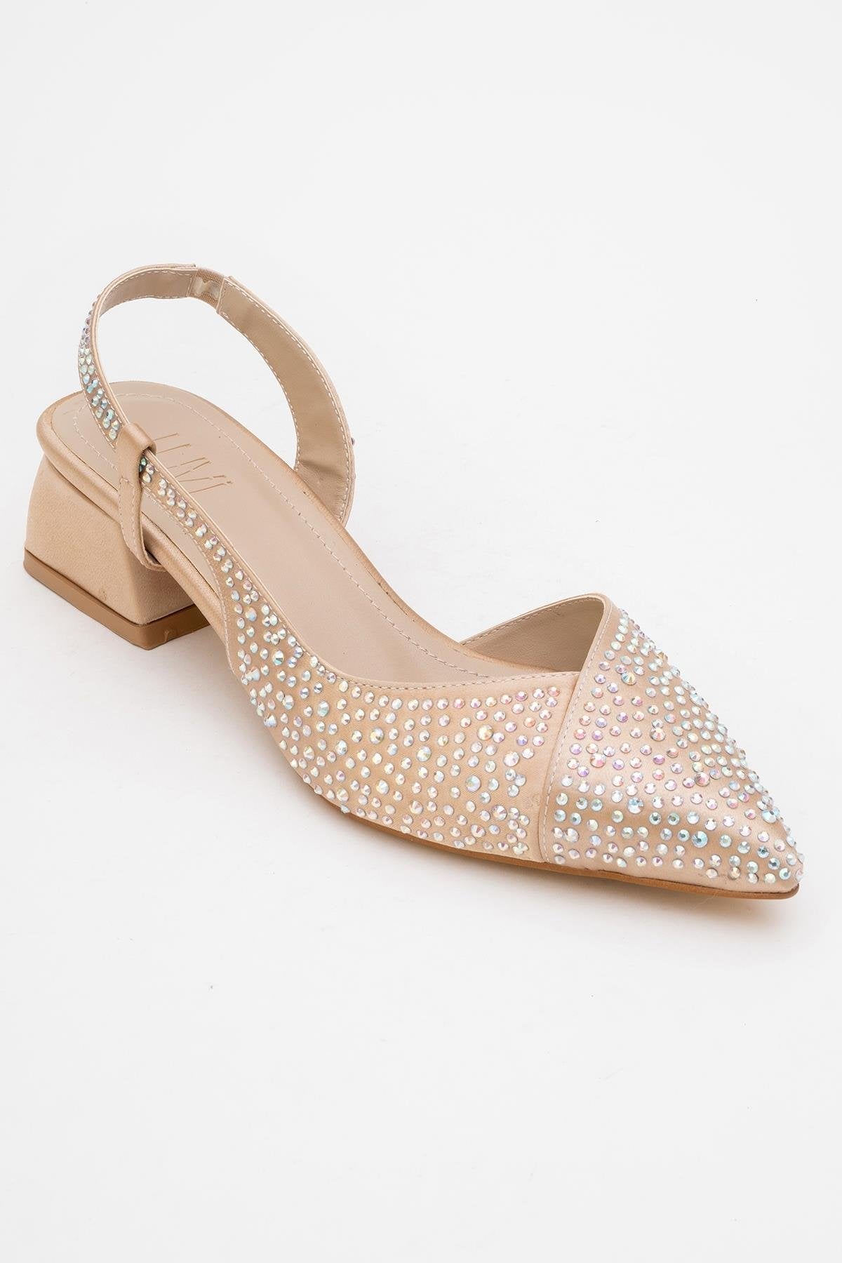 Sella - Beige Satin Jeweled Short Block Heel Shoe – detail view showing satin, leather, Vowalisse