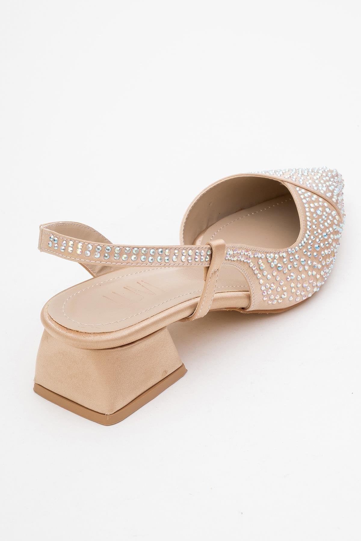 Sella - Beige Satin Jeweled Short Block Heel Shoe – back view showing satin, leather, Vowalisse