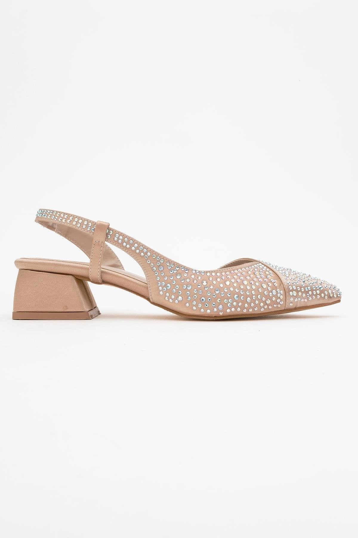 Sella - Beige Satin Jeweled Short Block Heel Shoe – top view showing satin, leather, Vowalisse