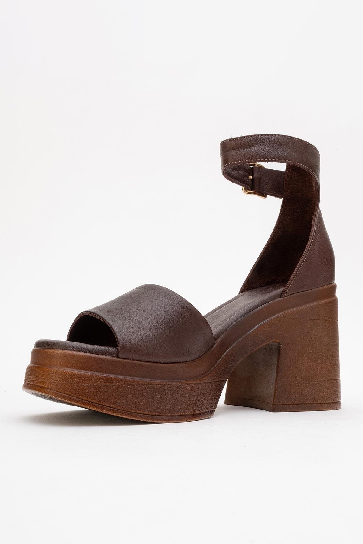 MARGOT - Brown Leather Platform Sandal – heel view showing leather, Vowalisse