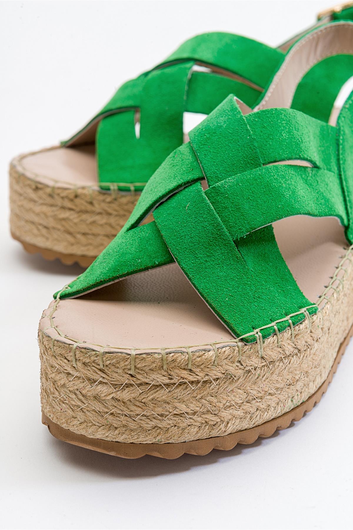 Lontano - Green Suede Leather Platform Sandal – detail view showing leather, suede, green, Vowalisse