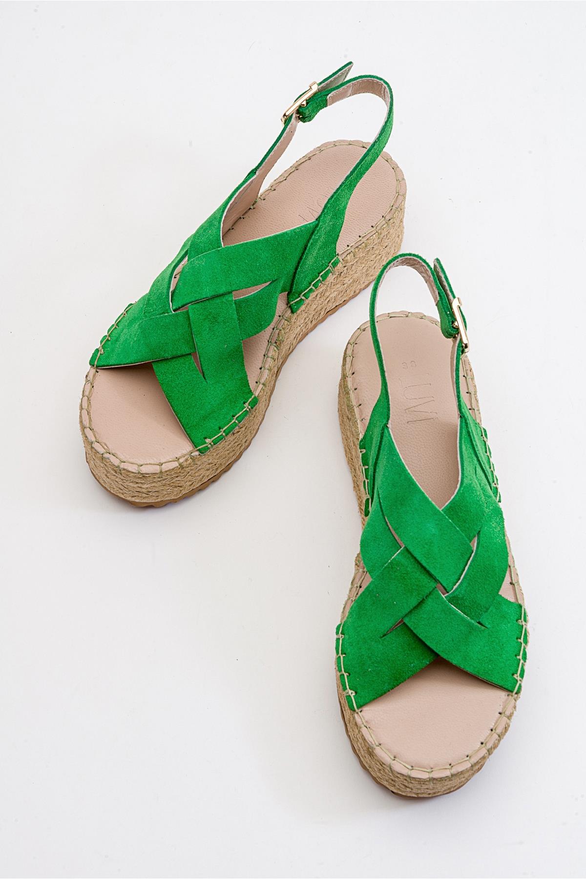 Lontano - Green Suede Leather Platform Sandal – heel view showing leather, suede, green, Vowalisse