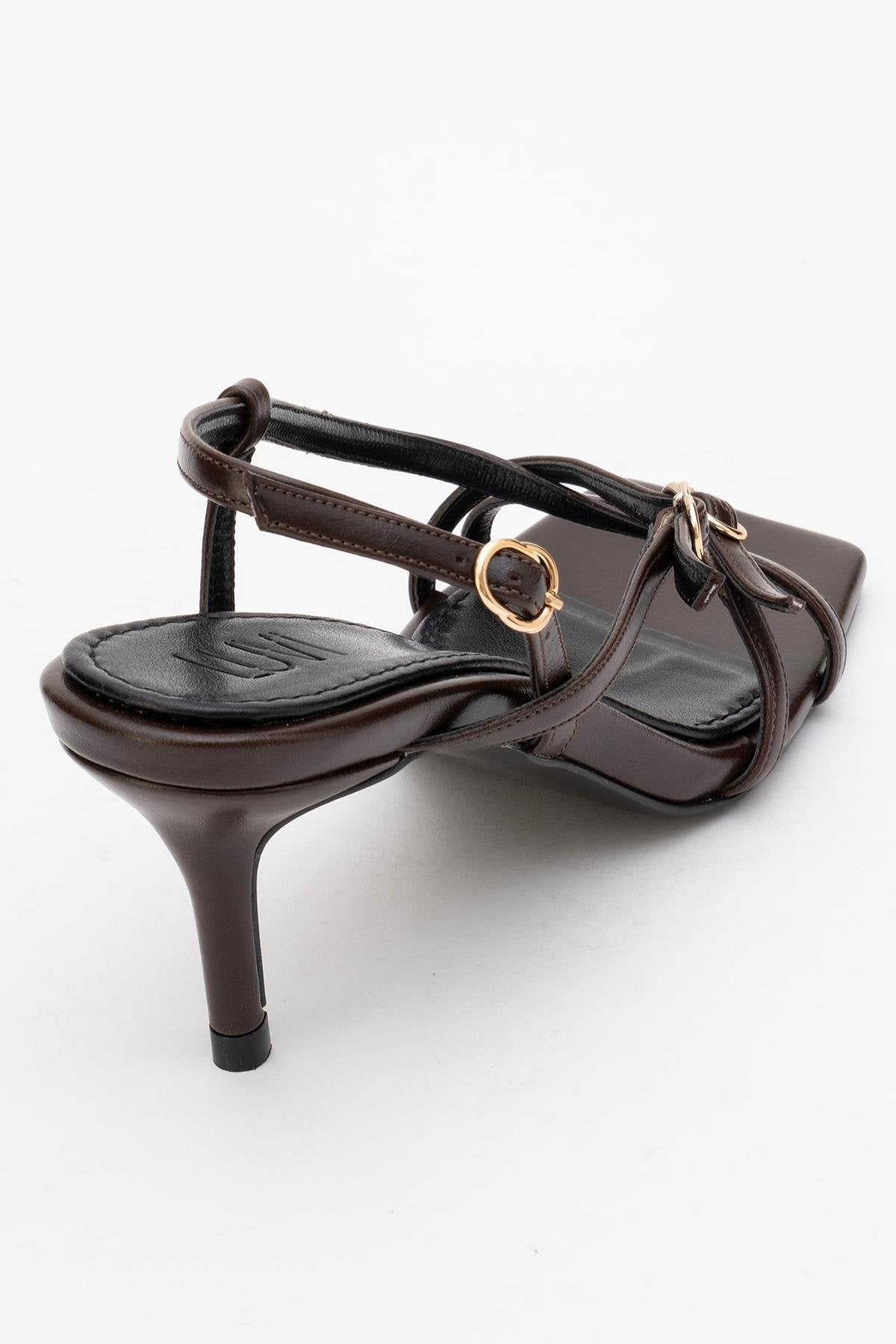 Chaka - Brown Buckle Square Toe Heeled Sandal – back view showing leather, Vowalisse