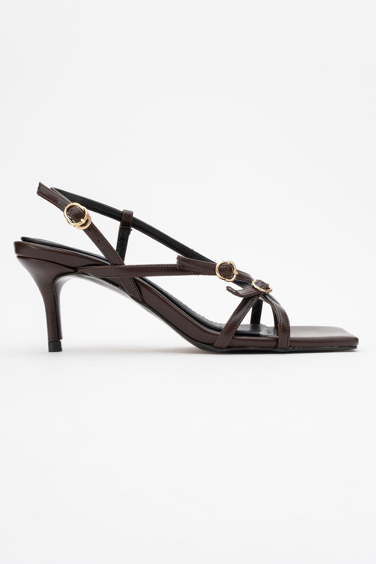 Chaka - Brown Buckle Square Toe Heeled Sandal – top view showing leather, Vowalisse