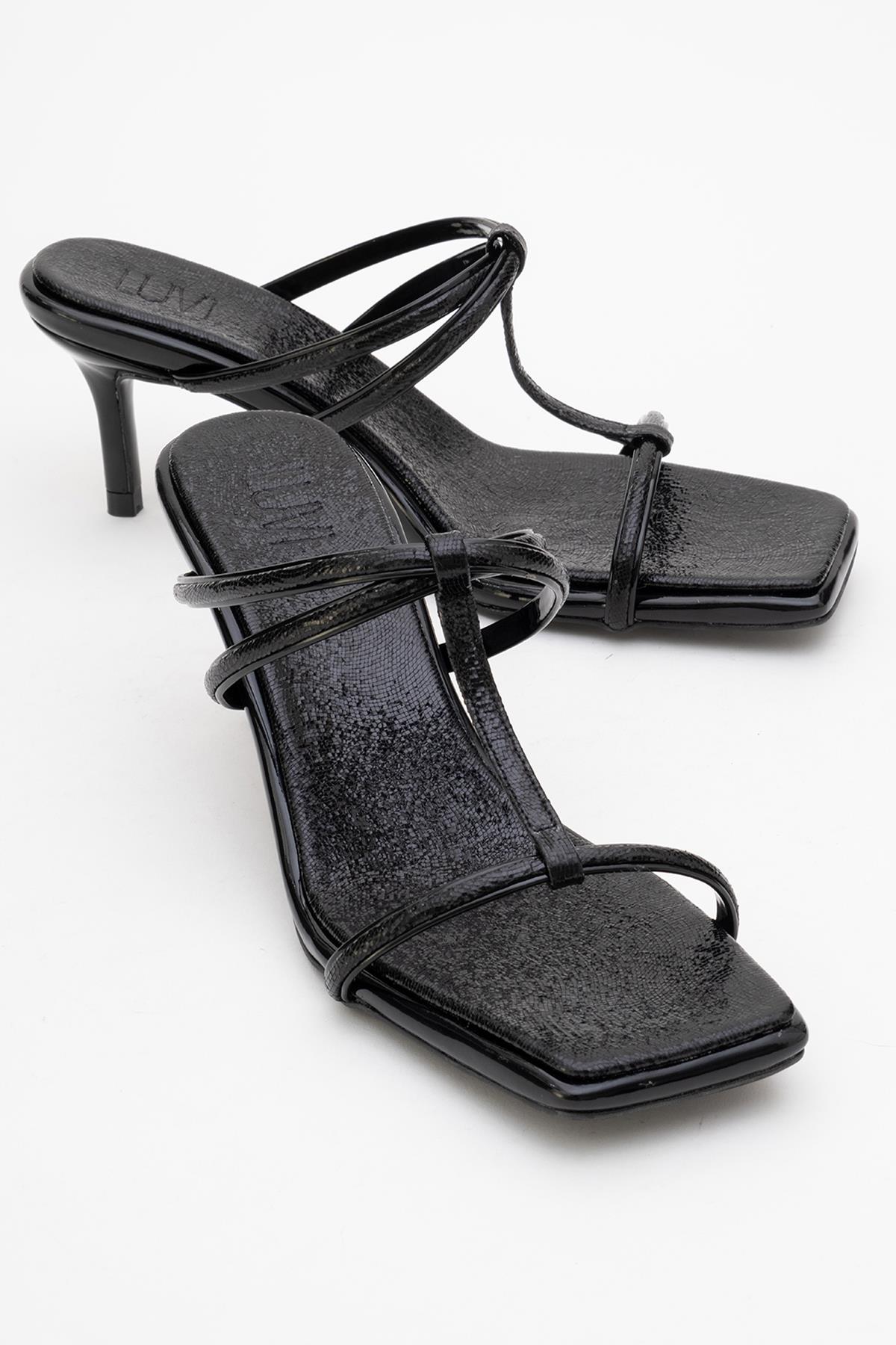Mocha Black Pattern Square‑Toe Thin‑Strap Heel Sandal – front three-quarter view showing leather, black, red, Vowalisse