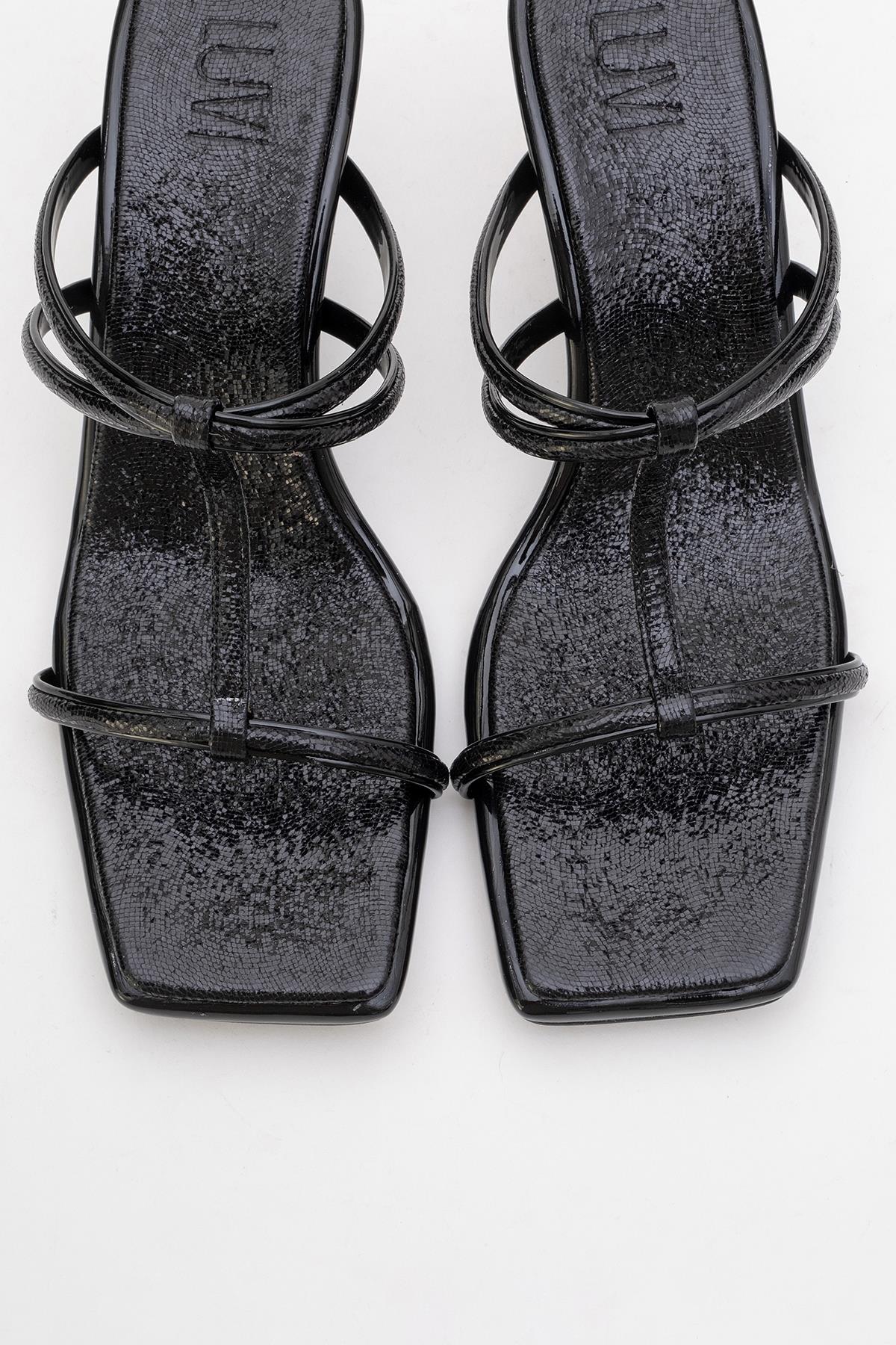 Mocha Black Pattern Square‑Toe Thin‑Strap Heel Sandal – side view showing leather, black, red, Vowalisse