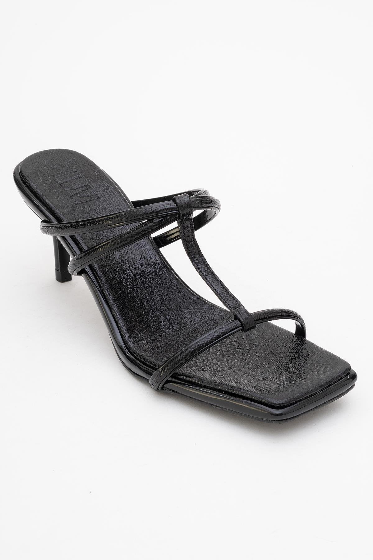 Mocha Black Pattern Square‑Toe Thin‑Strap Heel Sandal – detail view showing leather, black, red, Vowalisse