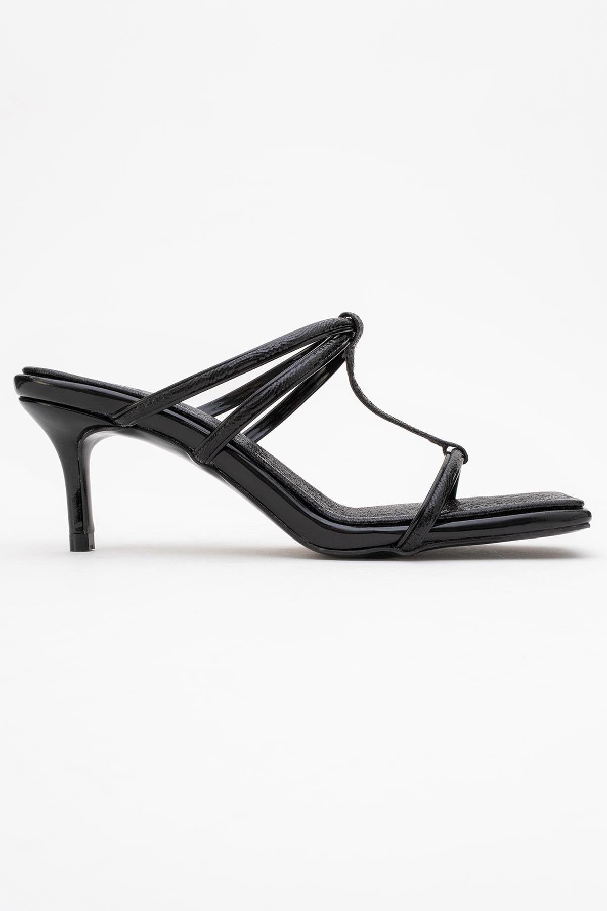 Mocha Black Pattern Square‑Toe Thin‑Strap Heel Sandal – top view showing leather, black, red, Vowalisse