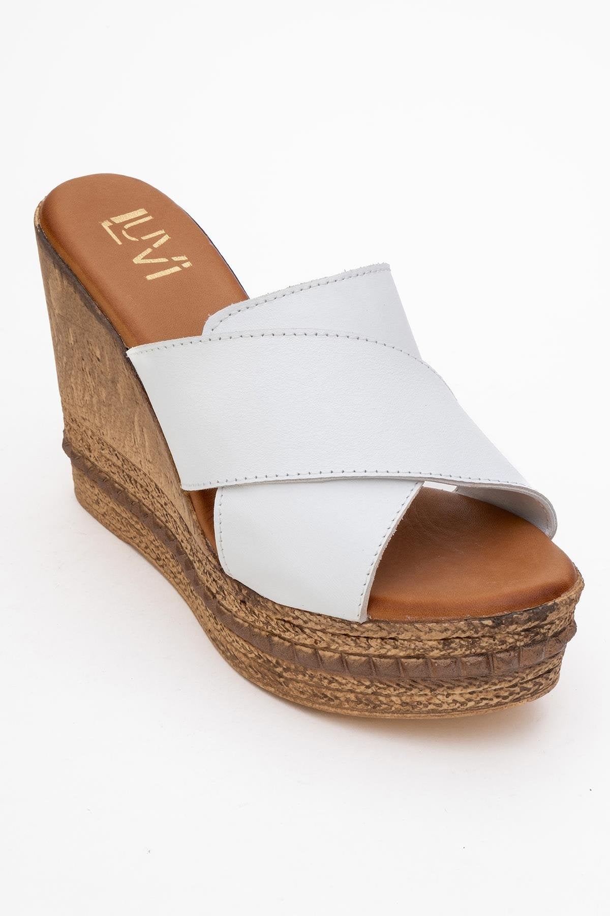 Lois - White Wedge Leather Sandal – detail view showing leather, white, Vowalisse
