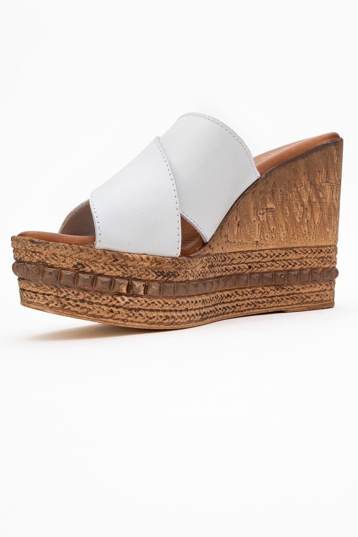 Lois - White Wedge Leather Sandal – heel view showing leather, white, Vowalisse
