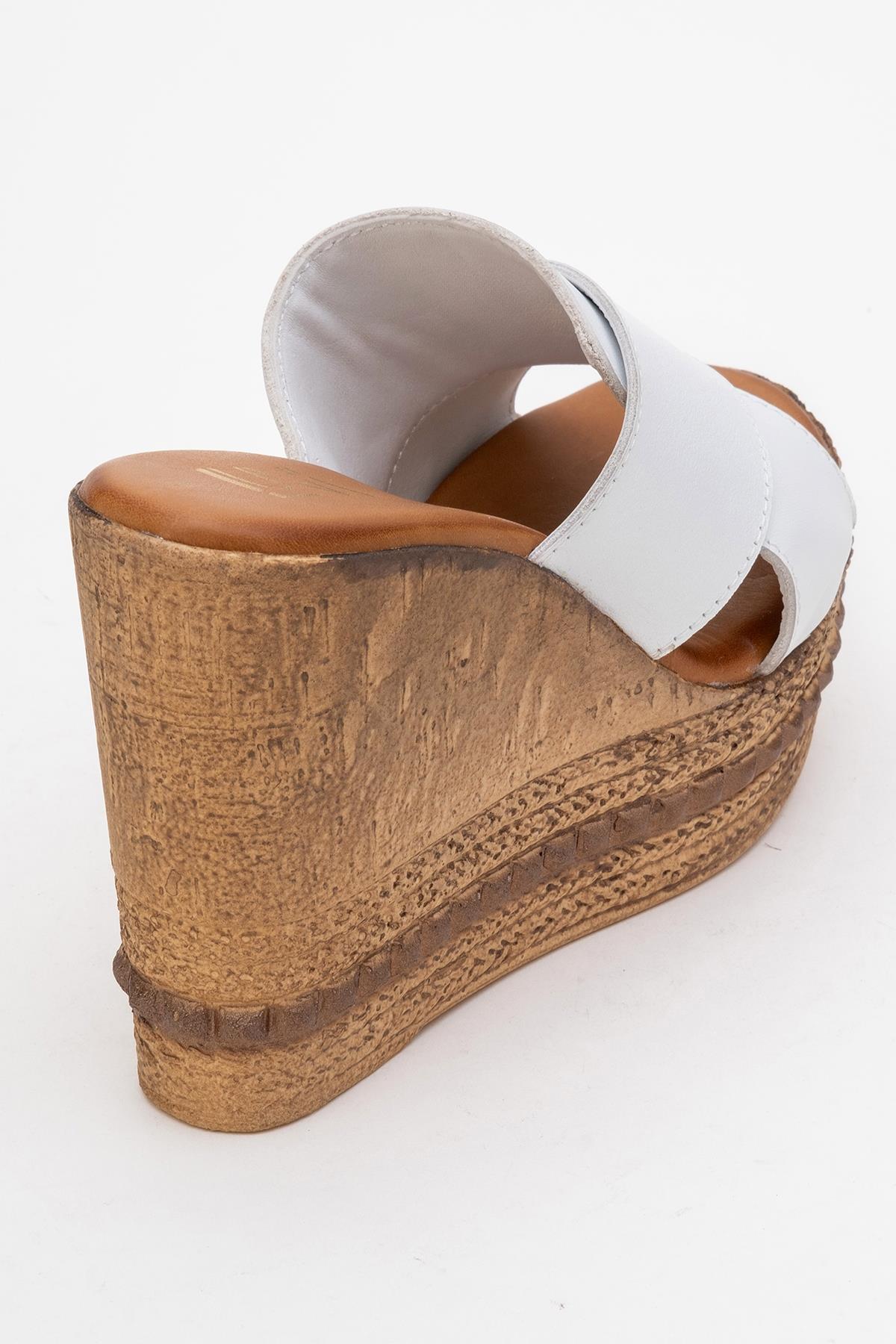 Lois - White Wedge Leather Sandal – back view showing leather, white, Vowalisse