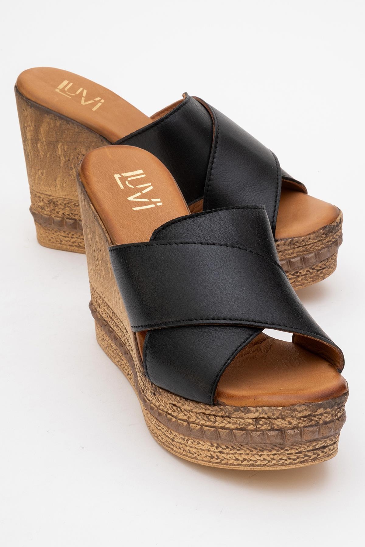 Lois - Black Wedge Leather Sandal – front three-quarter view showing leather, black, Vowalisse