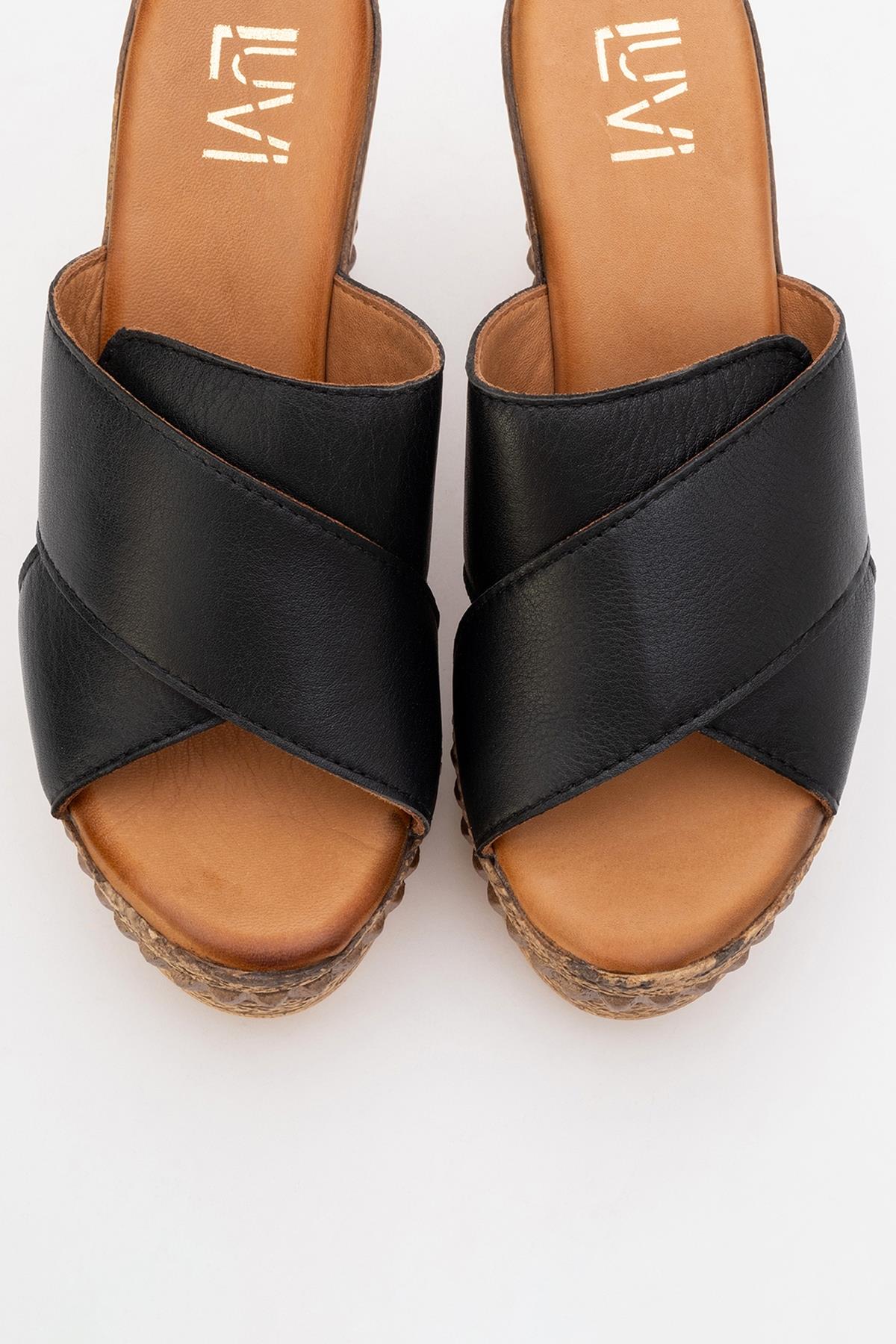 Lois - Black Wedge Leather Sandal – side view showing leather, black, Vowalisse